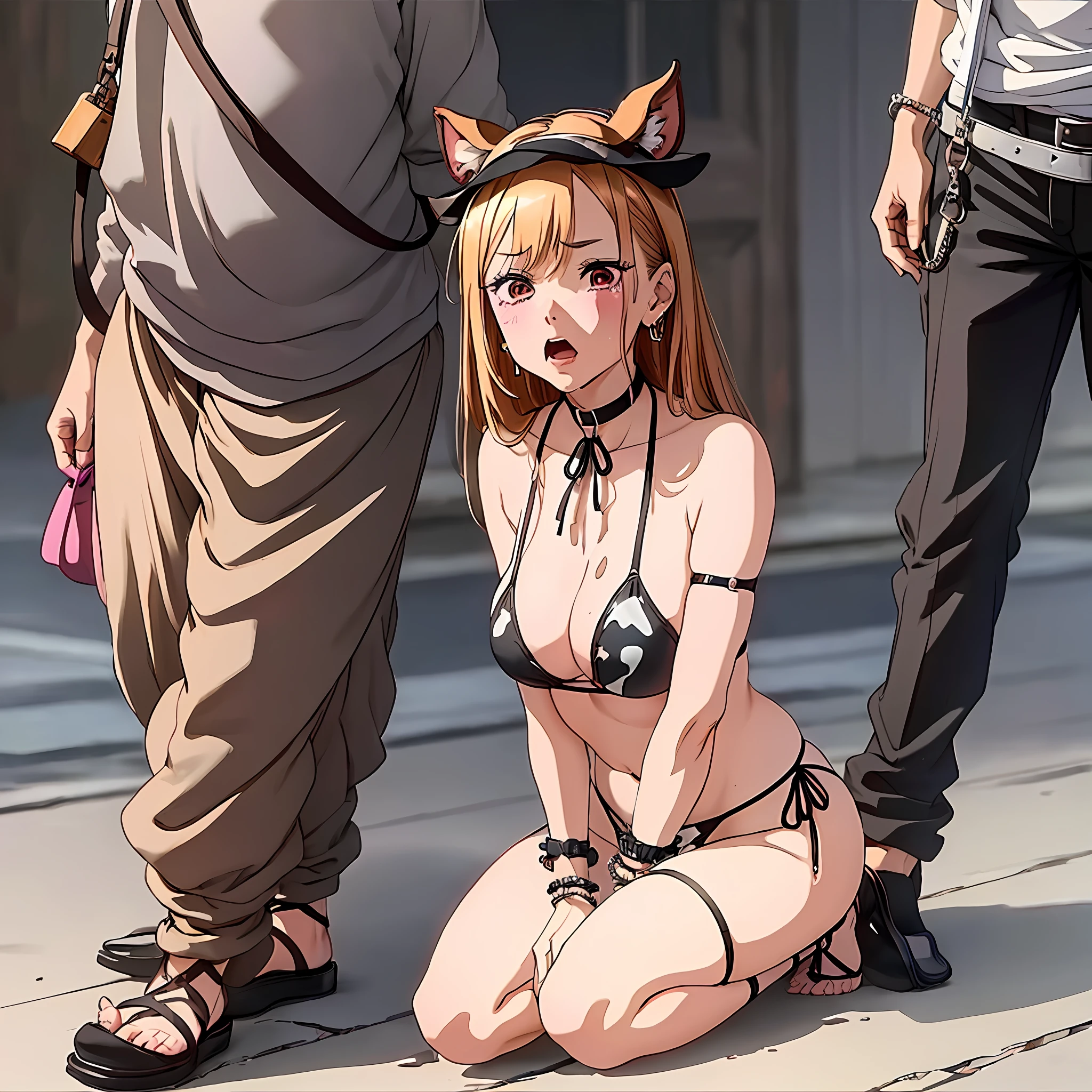 (best quality), (Best details), Marin Kitagawa (sobbing, because she's an obedient slave) (she's walking on 4 paws she wears a cow bikini costume, a cowbell, a leash and a collar, staying barefoot) is a slave to an old elegant man (he's wearing a tuxedo costume, with a black pair of shoes, with black costume pants), collar,slave girl, beautiful, cowbell on her neck, ashamed, lost dignity, leash, enslaved by an old man, dirty skin, public humiliation, street, leashed by an old man, master/slave relationship
