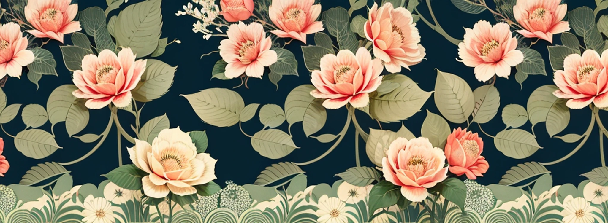 a close-up of a bloomed Colombian rose print fabric, inspired by Elizabeth Shippen Green, inspired by Katsushika Ōi, inspired by Eugène Grasset, inspired by Uemura Shōen, 70's, vintage! 5 colors image, flat illustration, size 16:9, spring flower patterns with leaves, white background, textile design, repetitive fabric pattern, textile print,