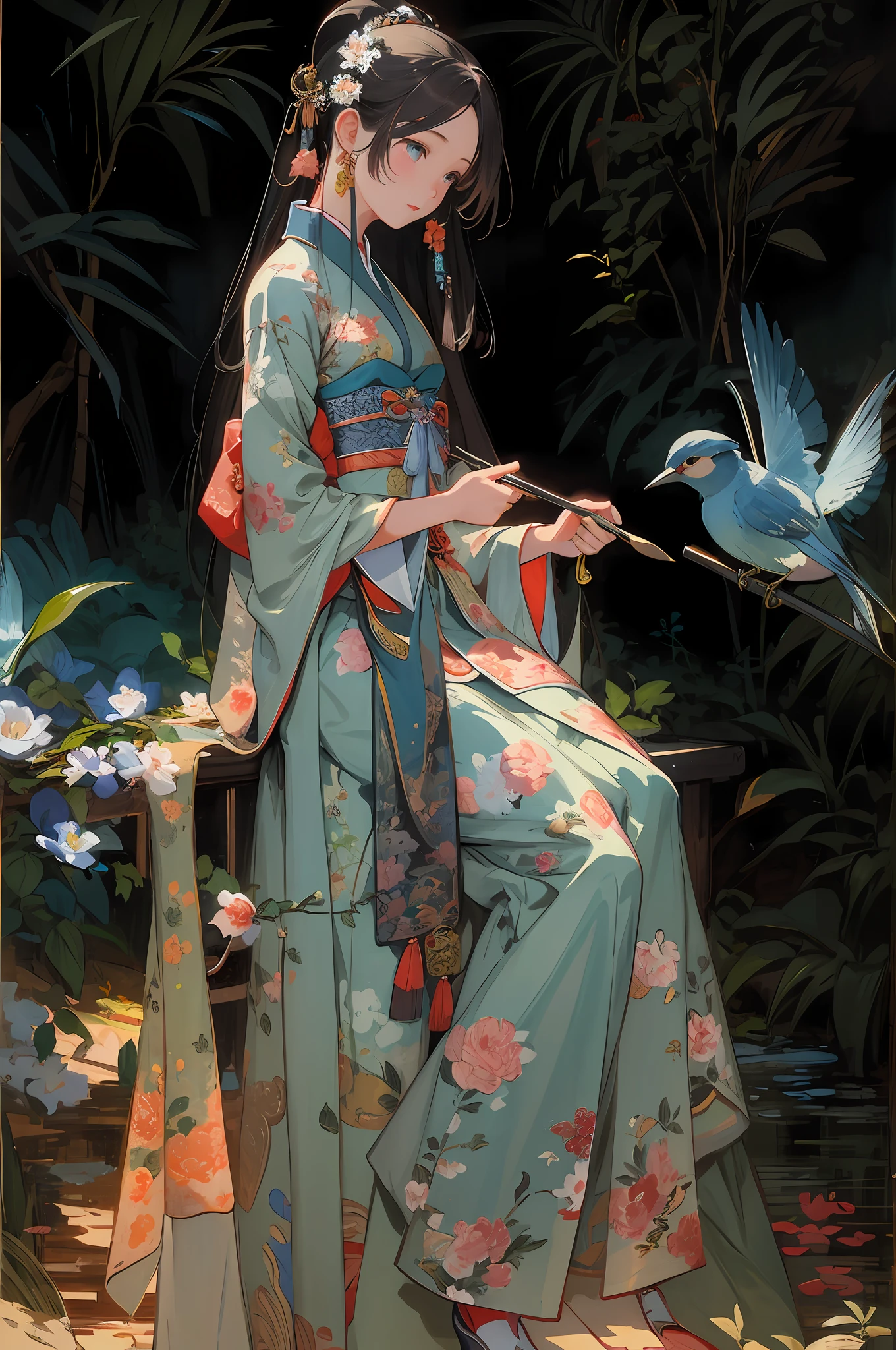 Masterpiece, high quality, highly detailed, (flat color), (pixiv:1.4), Gongbi painting of the Song Dynasty, 1girl, solo, detailed beautiful face and eyes, china dress, detailed background, flowers, illustration, vivd color, cinematic lighting,