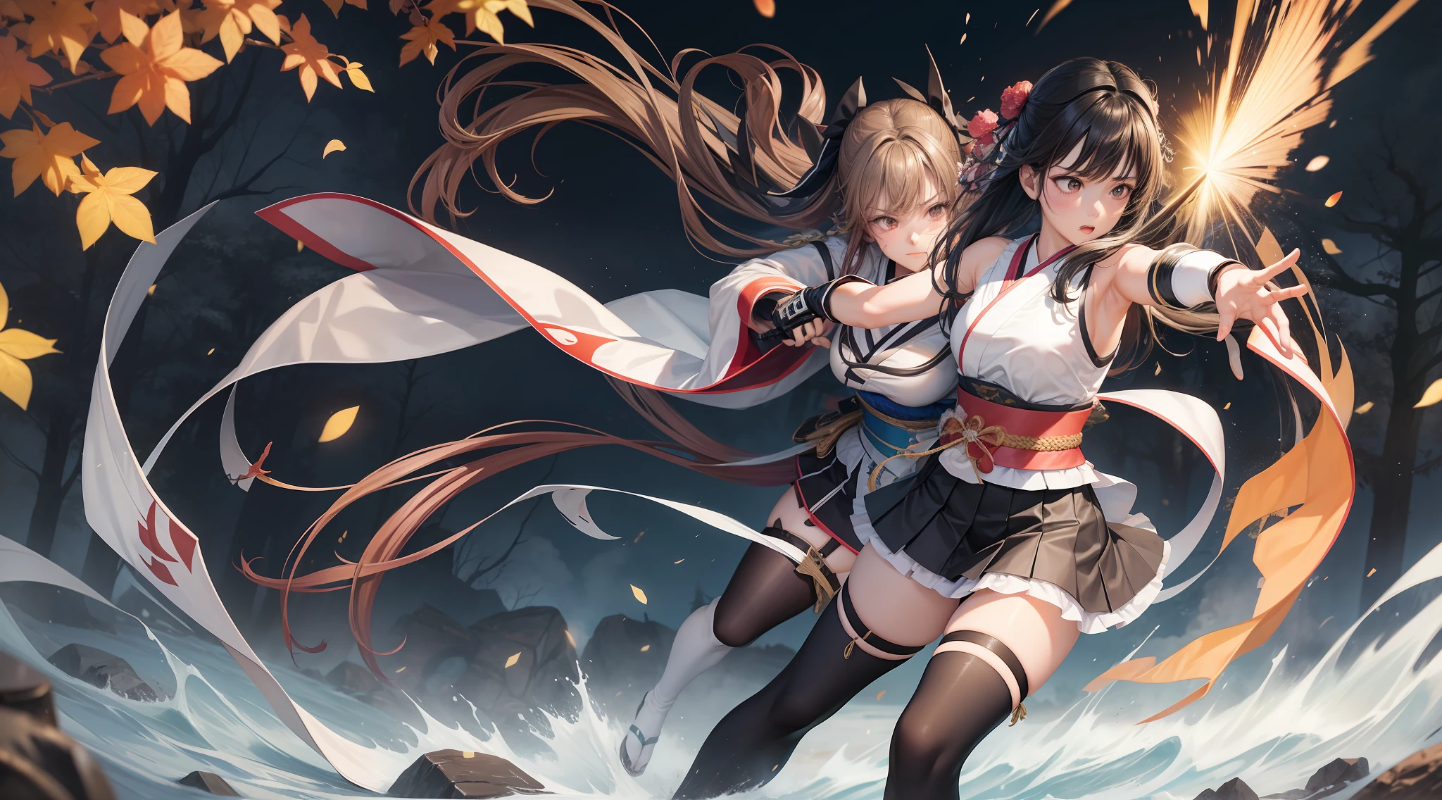 Full body shot from head to feet, two adult female character from Dead or Alive. A thrilling and intense masterpiece depicting a deadly duel between Kokoro versus Hitomi, both expert swordswomen, with the fight reaching a climactic moment of truth. The dynamic action capture the moment as Hitomi takes a lethal blow and succumbs to her injuries, leaving Kokoro as the sole victor in this high-stakes battle. Kokoro have long loose hair. Hitomi have long loose hair. Kokoro wear traditional sleeveless kimono, obi tied on the back hip, black long gloves, medium skirt, and black thigh highs. Hitomi wear traditional sleeveless kimono, obi tied on the back hip, black long gloves, medium skirt, and black thigh highs. Background set on lush forest, with no effect.