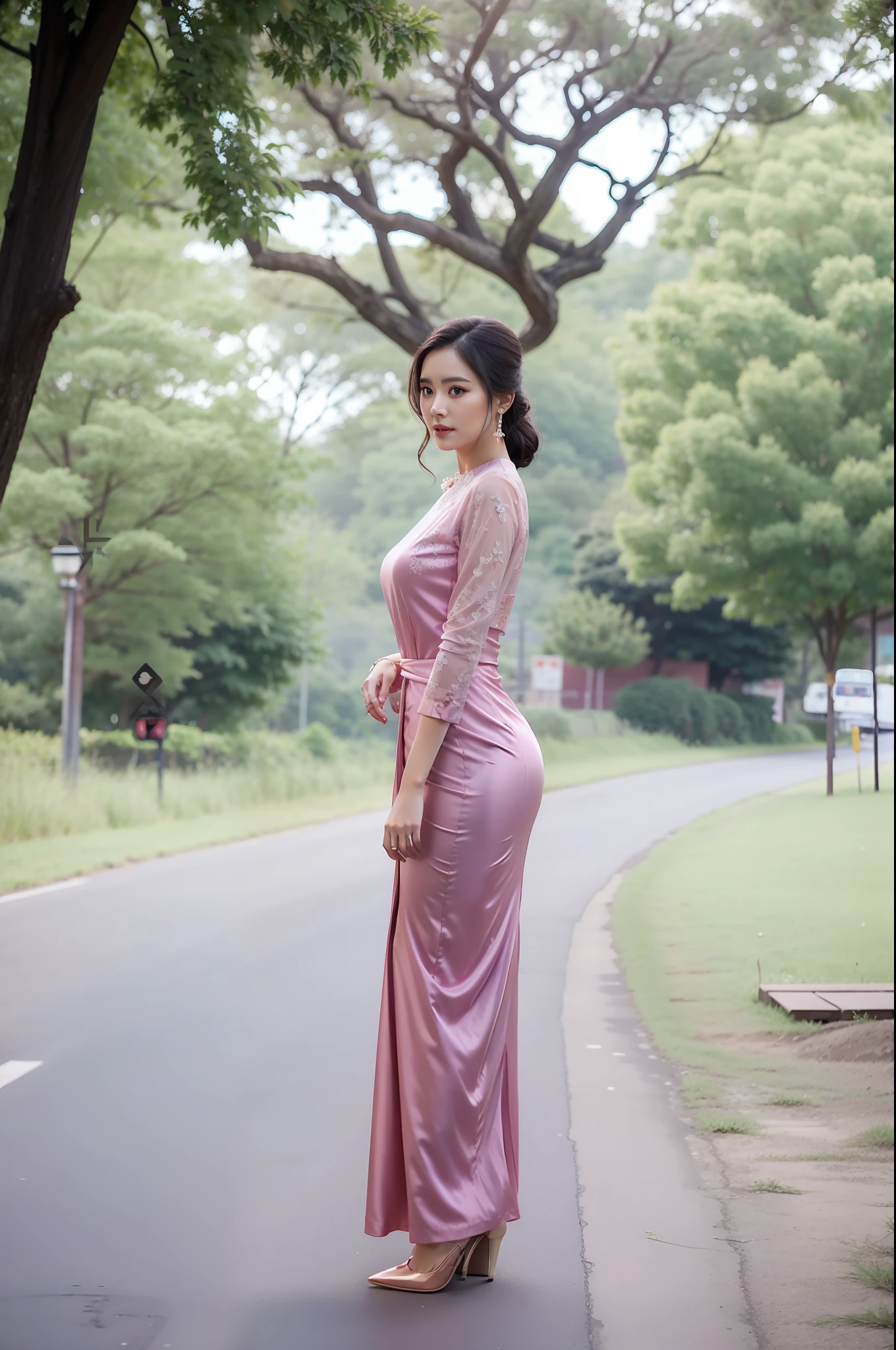 a woman in a pink dress standing on a road, long dress, wearing a long dress, wearing an elegant dress, wearing an elegant outfit, wearing long gown, full body photogenic shot, inspired by Ruth Jên, nivanh chanthara, tight dress, purple outfit, skinny waist and thick hips, long dress female, taken at golden hour