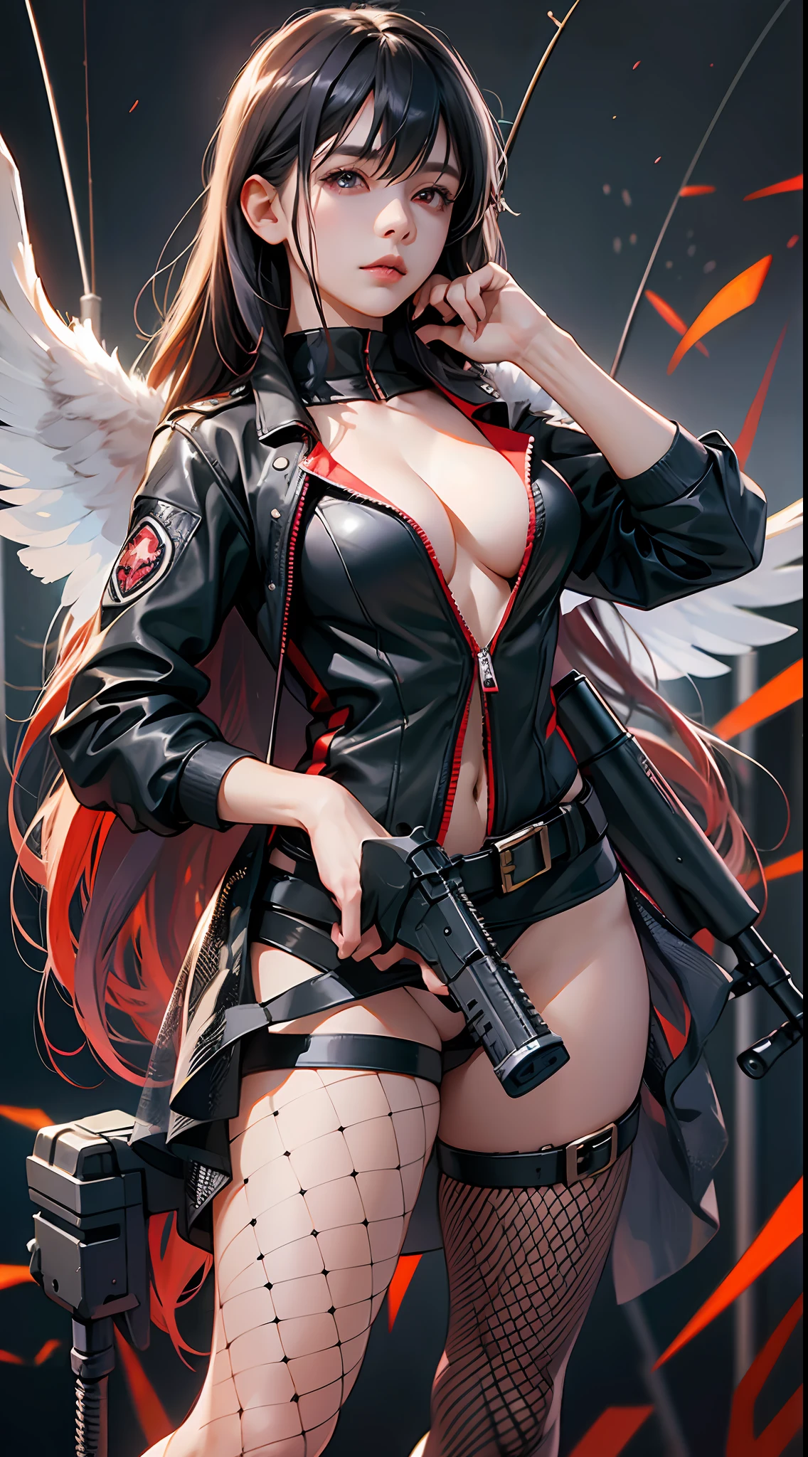 1 girl, assault rifle, bangs, breasts, cleavage, feathered wings, fishnet leg suit, fishing net, gun, hair between eyes, holding a gun, long hair, looking at the audience, red eyes, rifle, solo, thighs, very long hair, weapon, ray tracing, highest quality, highest resolution, high detail, leather clothing, --auto --s2