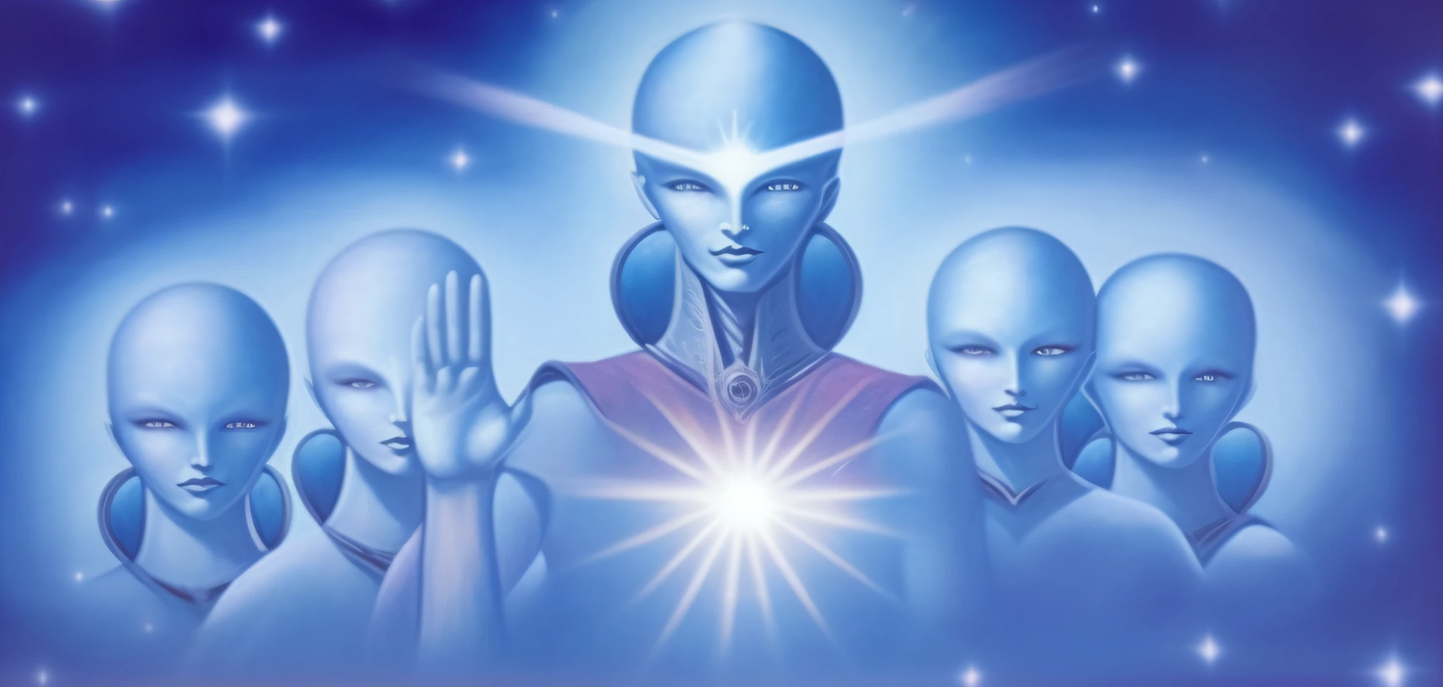 a painting of a group of aliens with their hands up, energetic beings patrolling, solar beings, extraterrestrials, beings of astonishing structure, complex beings, astral appearance, alien forms, complex cybernetic beings, vril, channeling third eye energy, some cosmic angels, many beings walking about, emanating with blue aura, !5 three eyed goddesses
