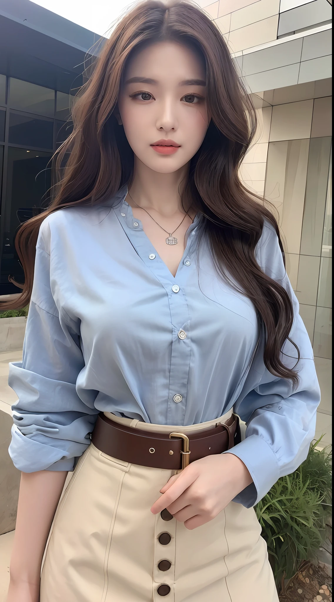 (Best quality, High resolution, Masterpiece :1.3), A tall and pretty woman, Slender abs, Dark brown hair styled in loose waves, Breasts, Wearing pendant, White button up shirt, Belt, Black skirt, (Modern architecture in background), Details exquisitely rendered in the face and skin texture, Detailed eyes, Double eyelid