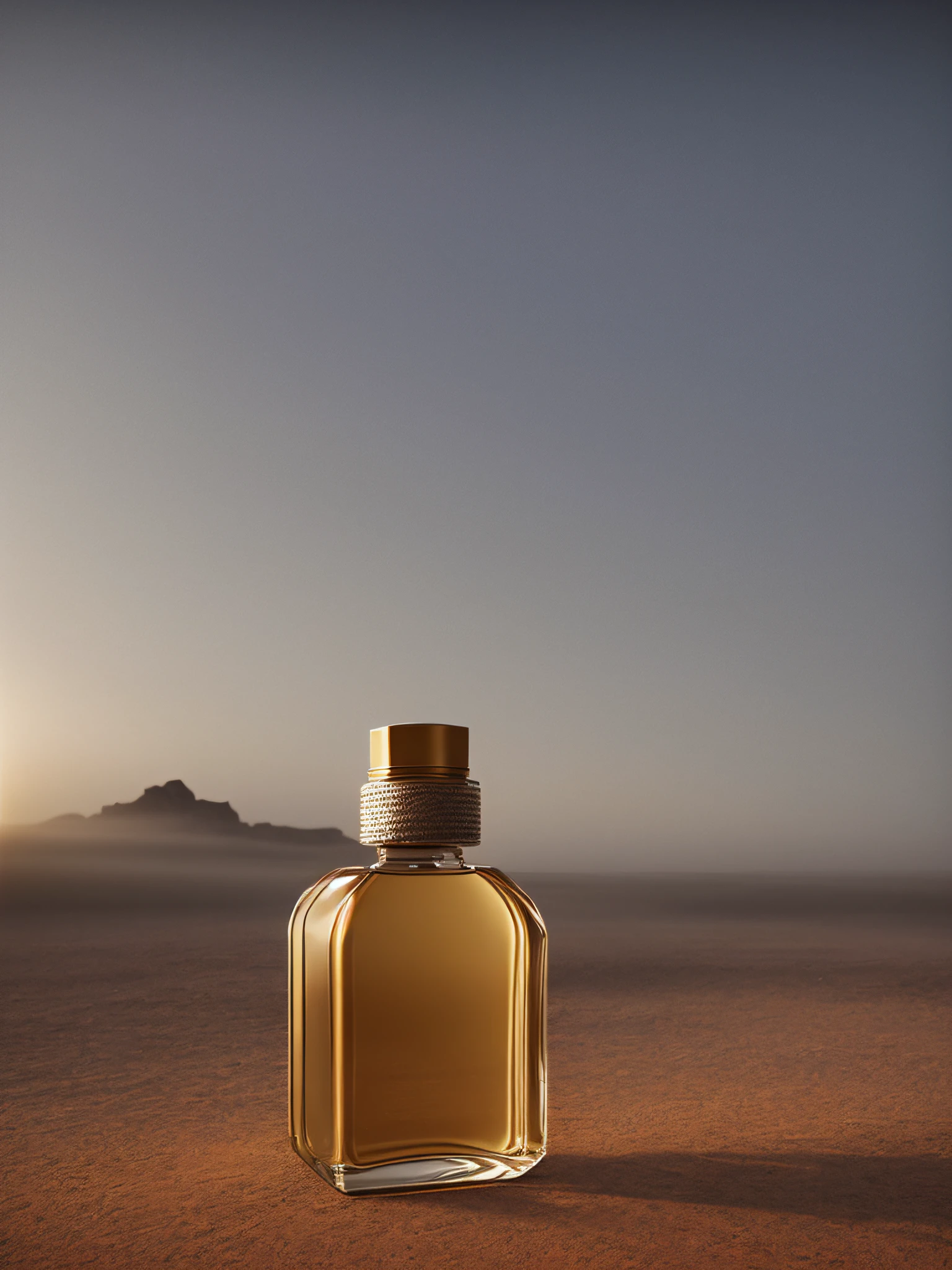 hyper-realistic, perfume bottle, desert background with fog, ((((HDR+)))), 4mm, 8k textures, elegant, highly detailed, sharp focus, cinematic light, desert atmosphere