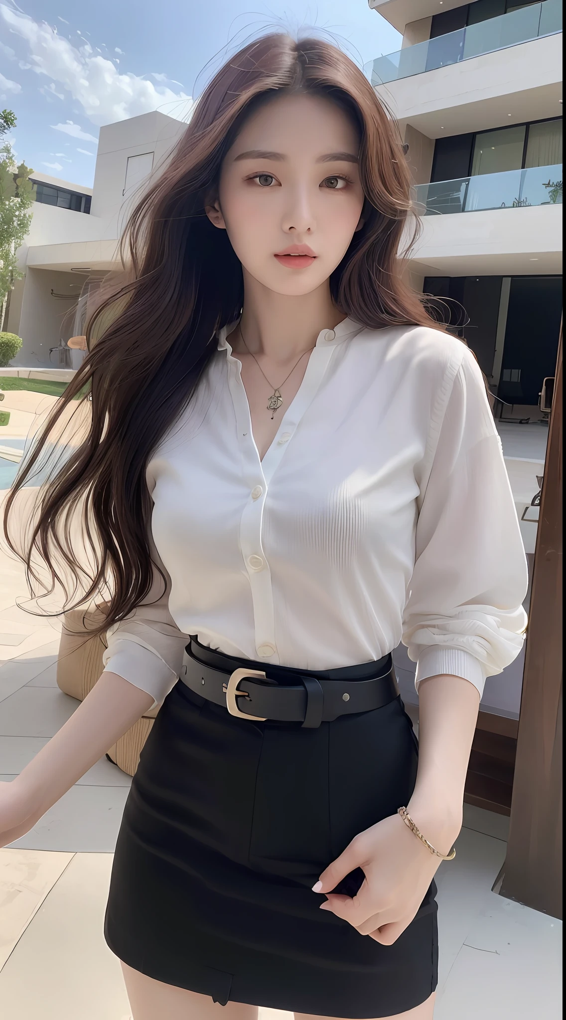 (Best quality, High resolution, Masterpiece :1.3), A tall and pretty woman, Slender abs, Dark brown hair styled in loose waves, Breasts, Wearing pendant, White button up shirt, Belt, Black skirt, (Modern architecture in background), Details exquisitely rendered in the face and skin texture, Detailed eyes, Double eyelid