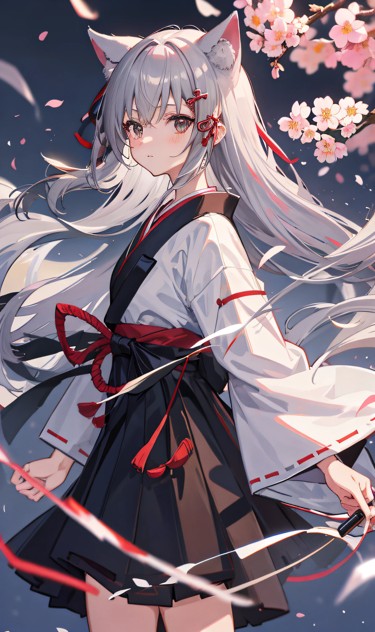 (8k, highest quality, masterpiece: 1.2), anime, illustration, super detail, highest quality, super high resolution, mysterious, black eyes, gray hair, cat ears, solo focus, masterpiece, best quality, priestess, hakama skirt, alone, 16 years old, japanese style, Japan, cool, cherry blossom, skirt, long hair, red cheeks, standing figure, night, lower angle, hair ornament ribbon, eyes high resolution