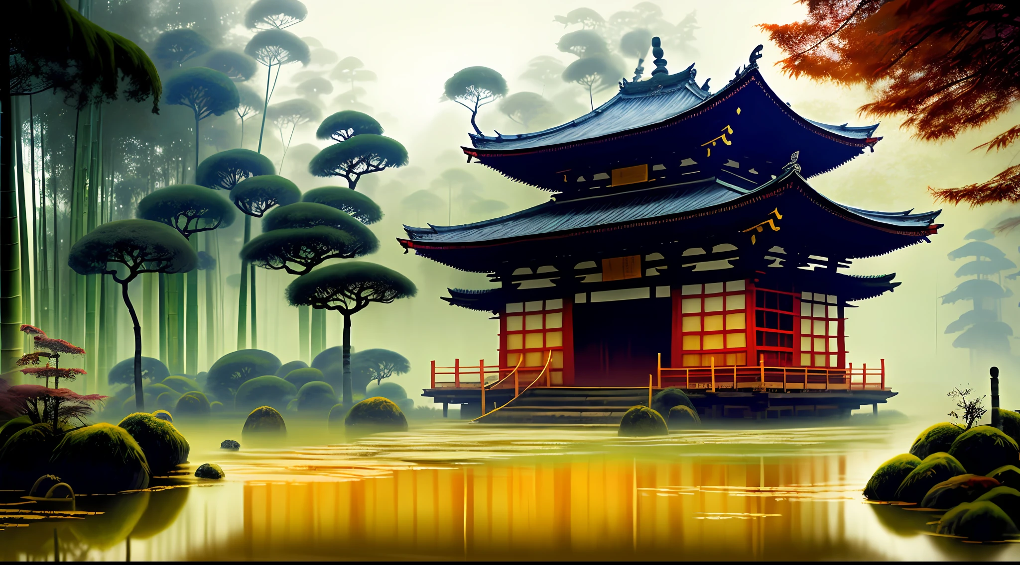 a single traditional temple in the bamboo forest, arashiyama bamboo forest, stefan koidl inspired, bussiere rutkowski andreas rocha,  inspired by Tomasz Jedruszek, inspired by Golden Pavilion, dark cinematic concept art, eerie nostalgic concept art, inspired by Igor Kieryluk, inspired by Ismail Inceoglu,