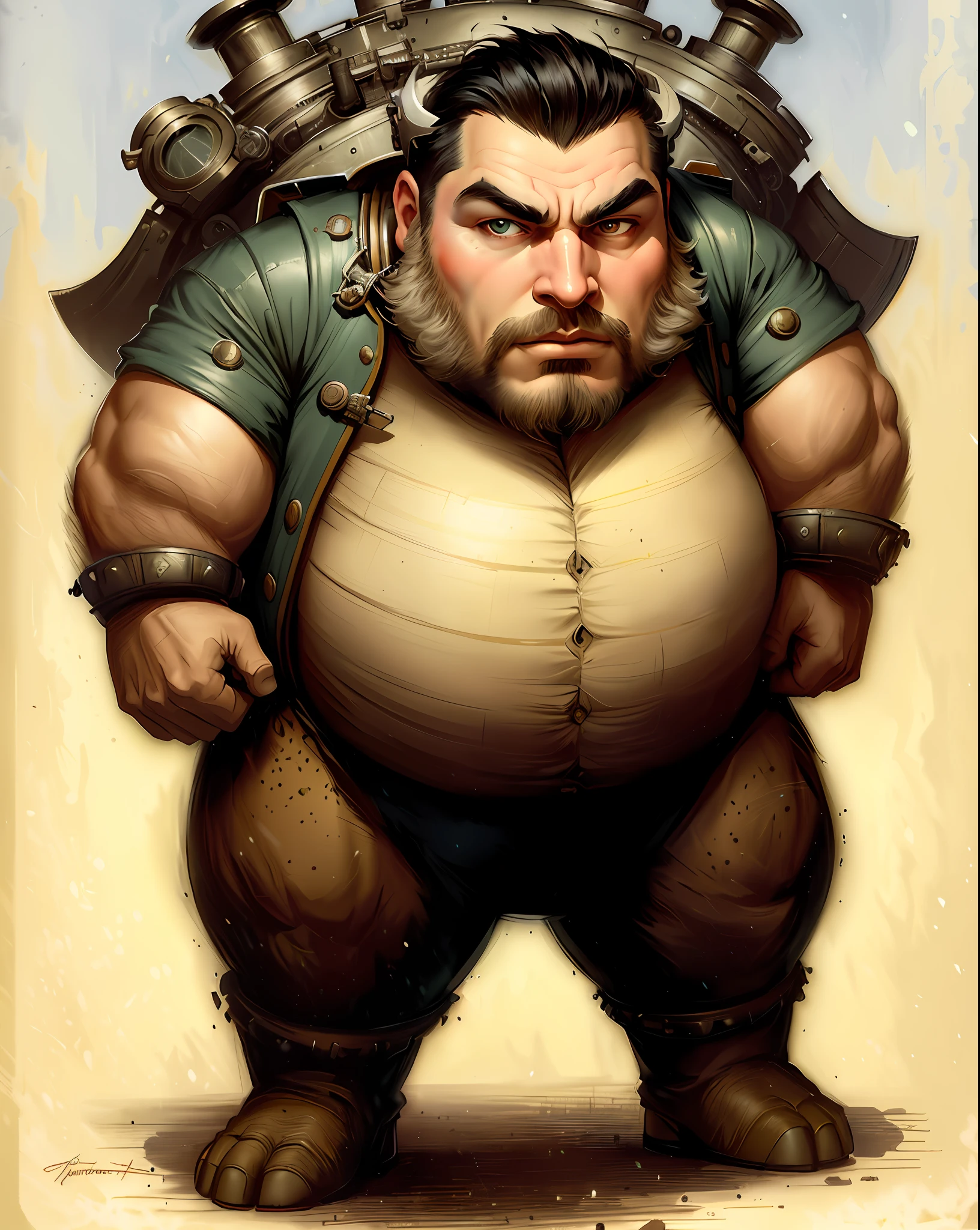 arafed man with a large body and a large head, bioshock big daddy, todd schorr, symmetrical dieselpunk warrior, inspired by Johannes Helgeson, jisu choe, luis ricardo falero, epic full color illustration, todd schorr highly detailed, naotto hattori, heavy weapons guy, heavy looking, by Johannes Helgeson --auto --s2