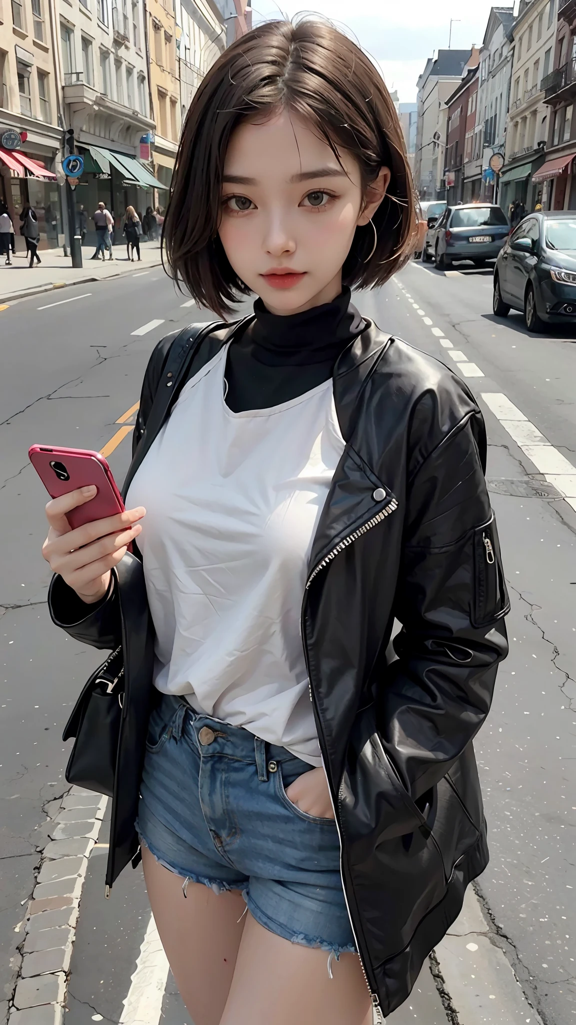 Beautiful woman, fiddling with cell phone in the middle of the street, short clothes