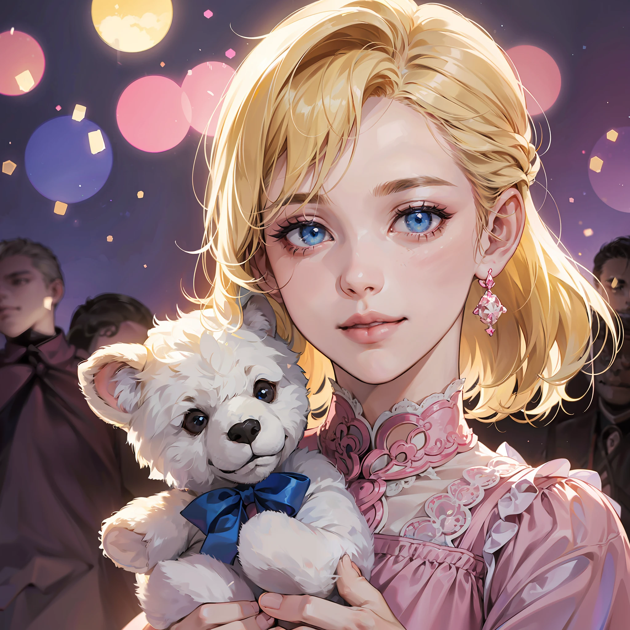 A blonde girl blue eyes (haircut sidecut), holding a teddy bear, bronco background, perfect teeth, in a pink silk dress, happy, perfect quality, clear focus (mess-house: 0.8), (masterpiece: 1.2) (Realistic: 1.2) (Bokeh) (Best quality) (Detailed Skin: 1.3) (Intricate Details) (8K) (Detail Eyes) (Sharp Focus), (Happy) --auto --s2