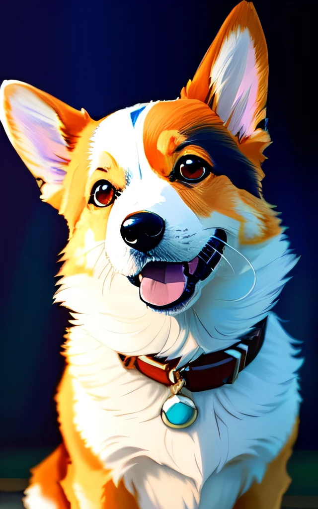 close up portrait of a happy corgi dog, dark background, anime style, ghibli studio style, highly detailed, professional majestic oil painting by Ed Blinkey, Atey Ghailan, Studio Ghibli, by Jeremy Mann, Greg Manchess, Antonio Moro, trending on ArtStation, trending on CGSociety, Intricate, High Detail, Sharp focus, dramatic, photorealistic painting art by midjourney and greg rutkowski