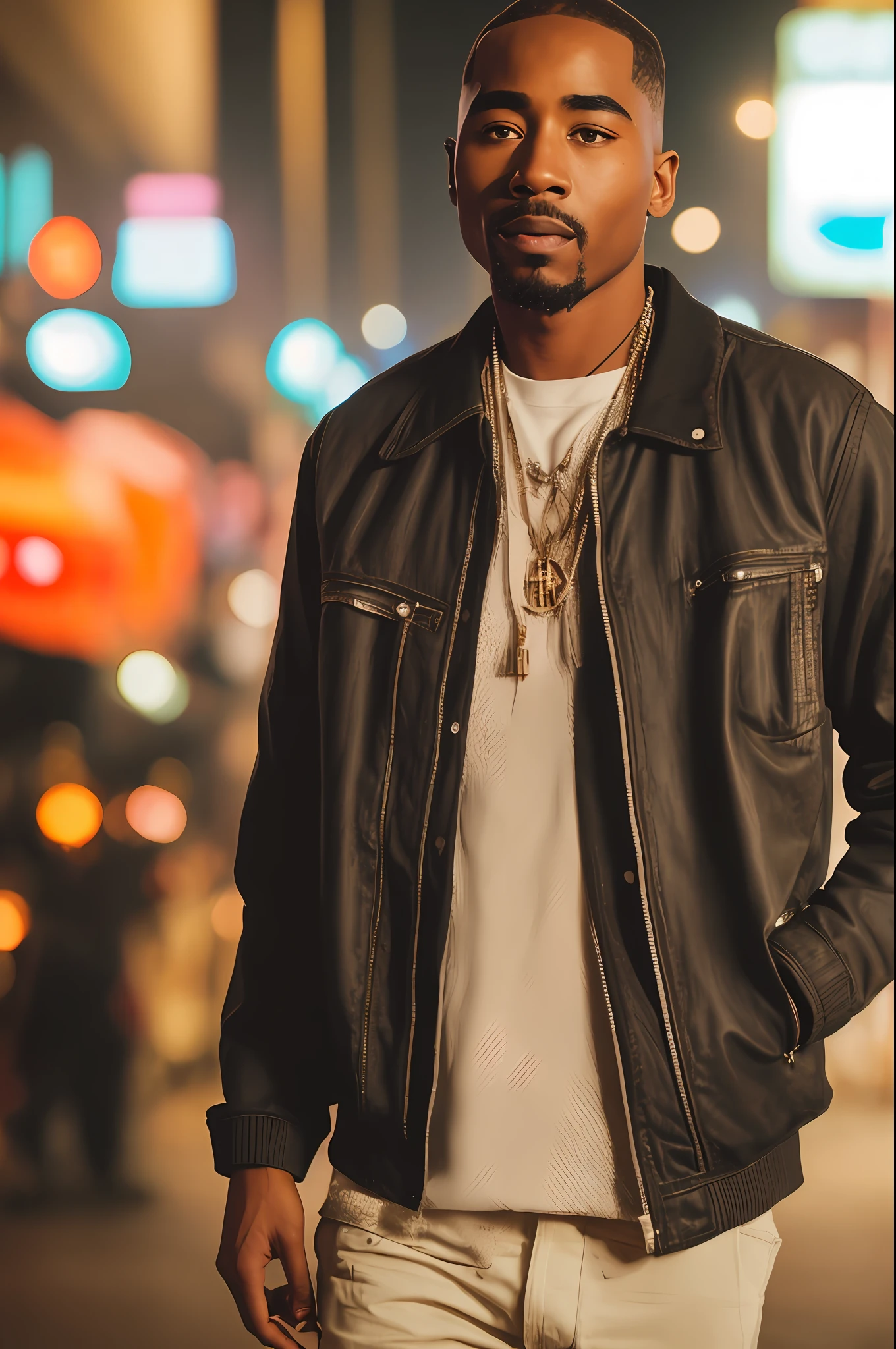 RAW, ultra wide-angle lens Nikon Z 14mm, modelshoot style, photo of a black man with the face of (emb_2pac:1.2) in ([cute jacket:cyberpunk tech:0.3] with cyberpunk chips:1.2) in action, on crowded street in long beach, key light reflection in the eyes, skin pores, blemishes, sunset fog, ancient army in the background,  Deep focus, (film_grain bokeh light particles dust motes:0.7)