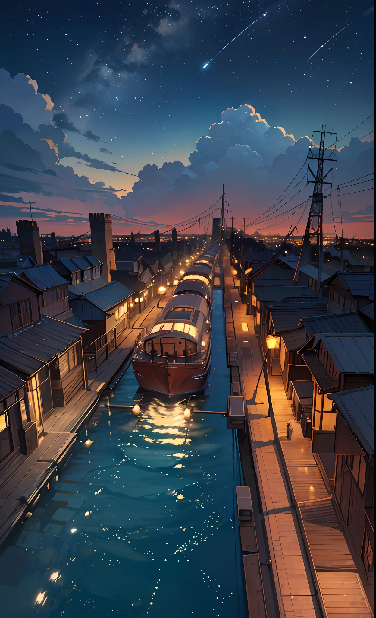 High-quality masterpieces, landscapes, anime ships passing water bodies on railway tracks, bright starry sky. Shooting star. Romantic Titanic, pixiv, concept art, lofi art style, reflection. Makoto Shinkai, rophy art, beautiful anime scenes, anime scenery, detailed scenery — width 672, Makoto Shinkai's style, Makoto Shinkai's style, enhanced details. --auto --s2