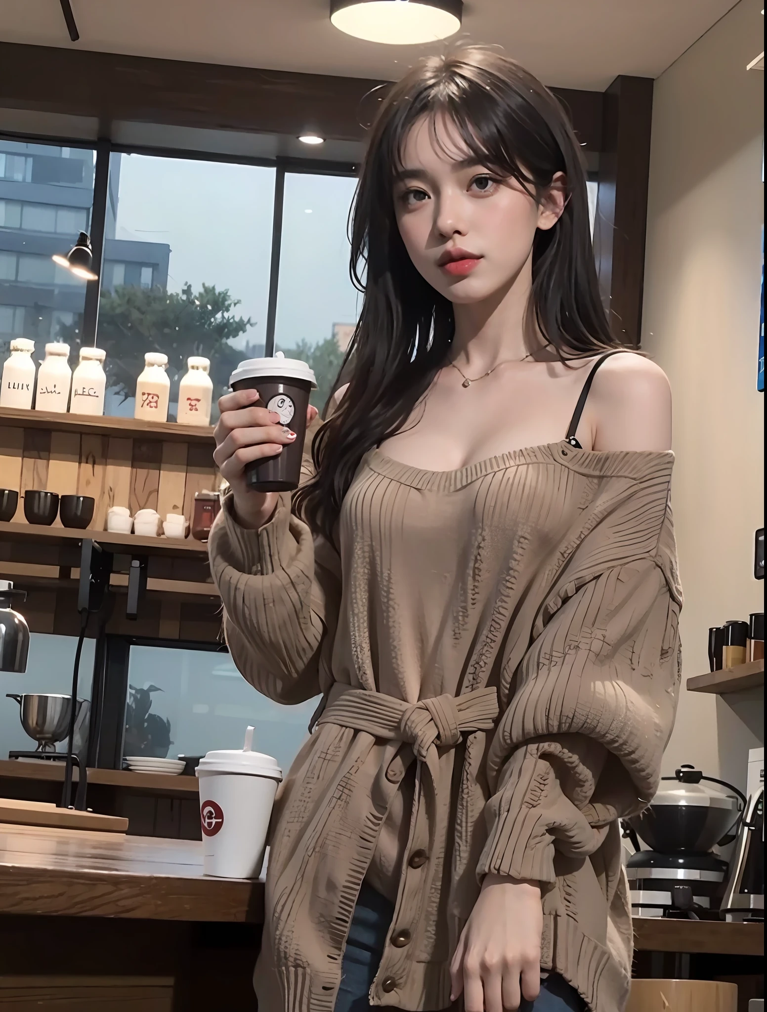 Sexy young american hot girl, coffee shop