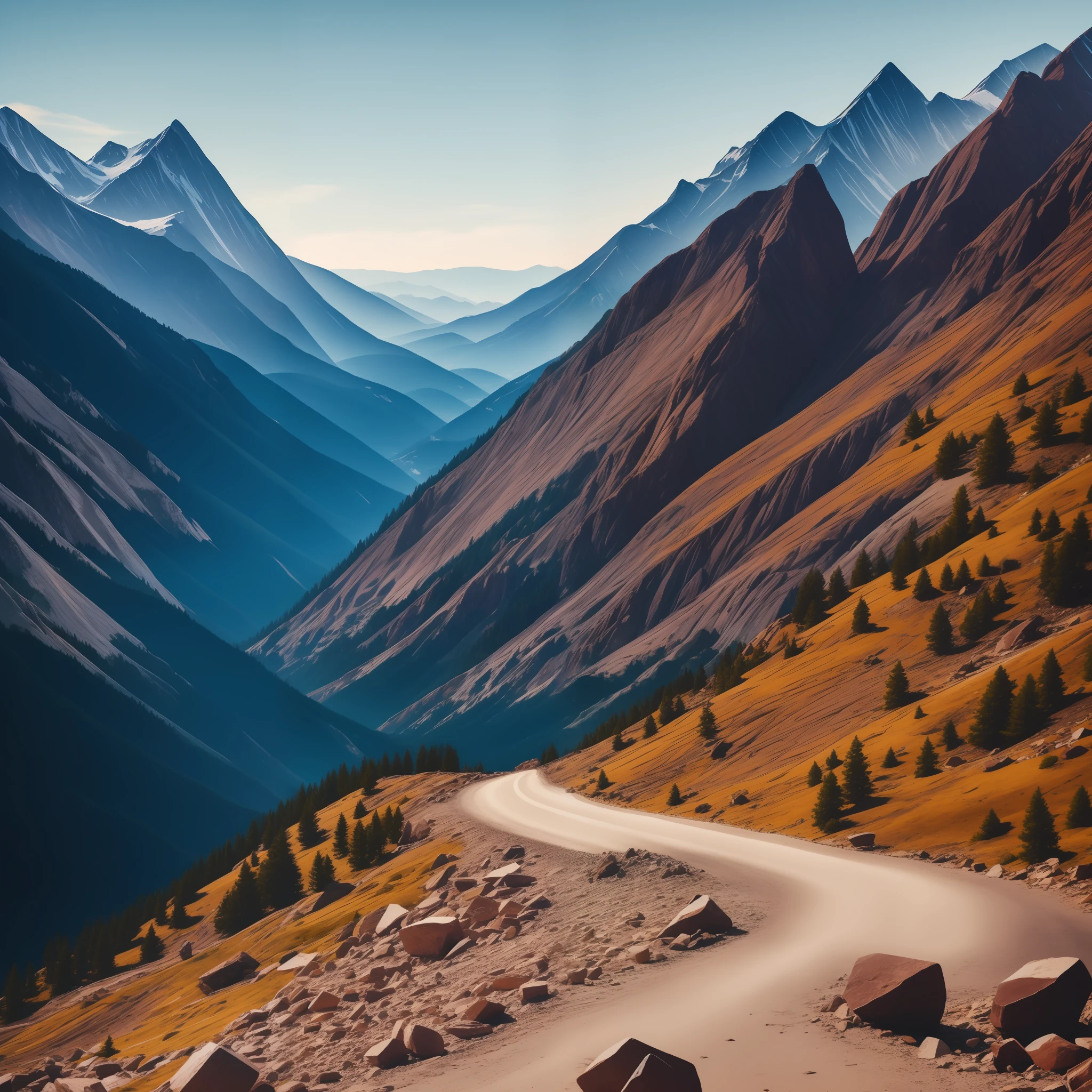 rocky road in the mountains, a matte painting by Alexander Robertson, pexels contest winner, photorealism, high quality wallpaper, hq 4k wallpaper, high quality desktop wallpaper, hd wallpaper, auto photography