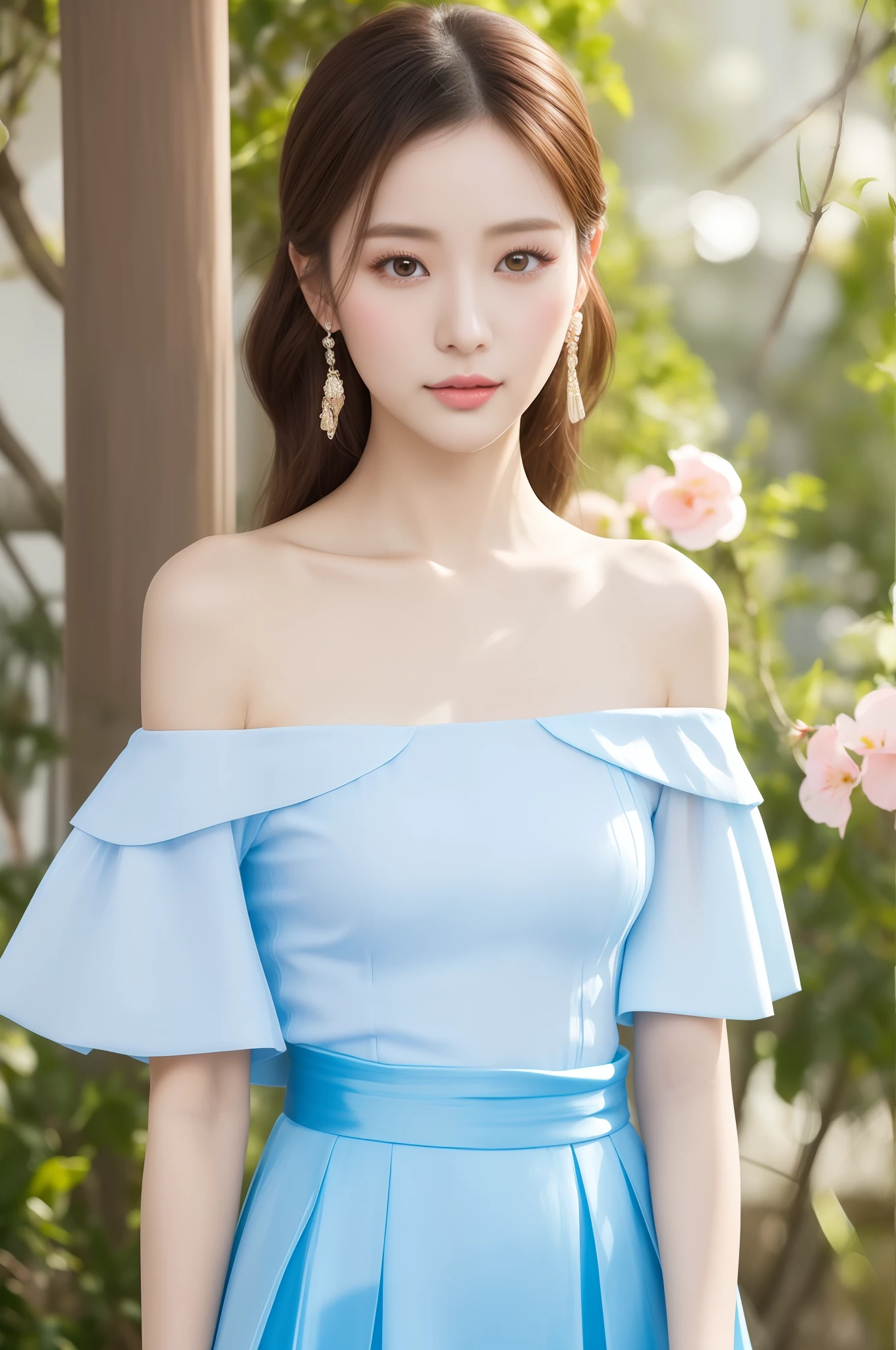 Fashion trendy beautiful and charming, gentle and charming Chinese lady, (jpop idlo), big breasts, delicate and sexy collarbone, charming oval face, double eyelids, smart peach blossom eyes, pink lips, small nose, bare shoulders, focus on the face, close-up of the face, Ultra-high-definition, super-detailed, full-body photo, ultra-thin and light-transmitting, the white off-the-shoulder shirt perfectly echoes the light blue slit skirt, fresh and good, and can be see through, sheer fabrics,