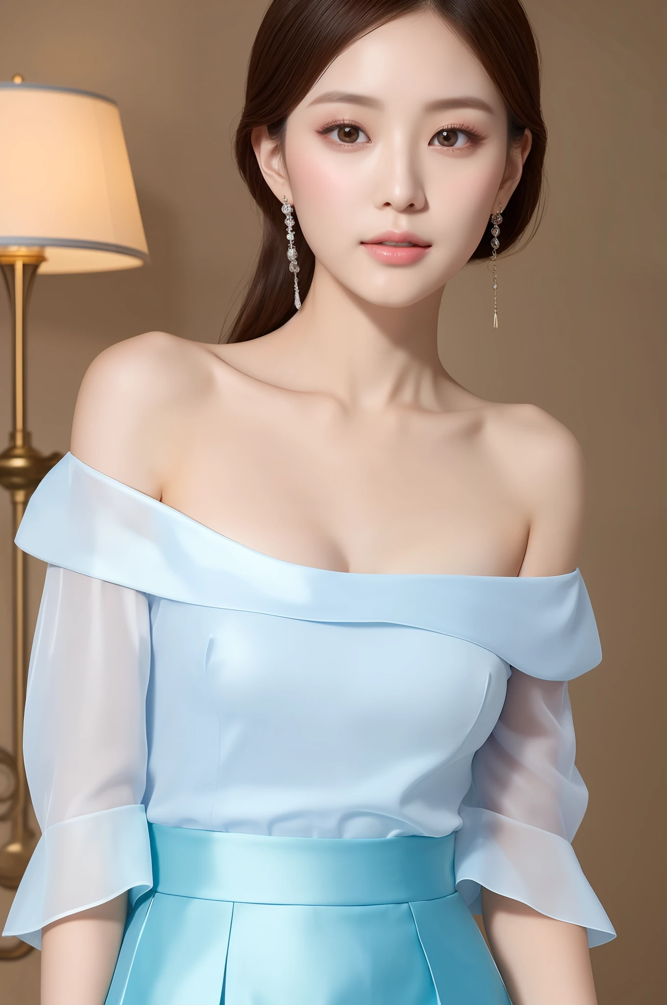 Fashion trendy beautiful and charming, gentle and charming Chinese lady, (jpop idlo), big breasts, delicate and sexy collarbone, charming oval face, double eyelids, smart peach blossom eyes, pink lips, small nose, bare shoulders, focus on the face, close-up of the face, Ultra-high-definition, super-detailed, full-body photo, ultra-thin and light-transmitting, the white off-the-shoulder shirt perfectly echoes the light blue slit skirt, fresh and good, and can be see through, sheer fabrics,