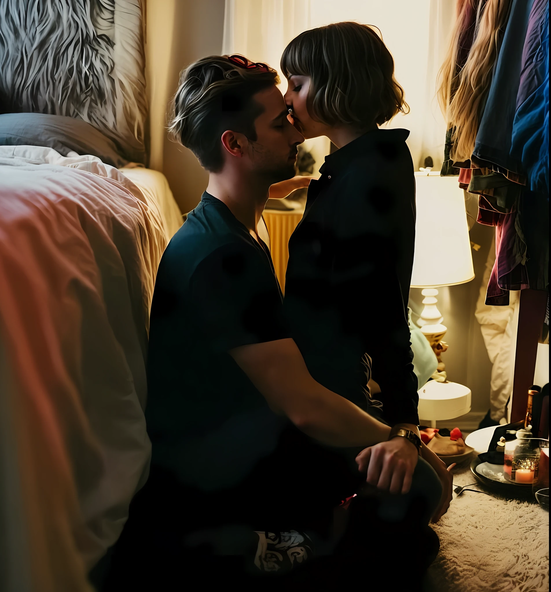 there is a man and a woman sitting on the floor kissing, couple kissing, ( ( emma lindstrom ) ), couple on bed, absolutely outstanding image, in style of nan goldin, making out, kissing together cutely, man and woman in love, very realistic, ❤🔥🍄🌪, they are in love, in small room, brandon woelfel