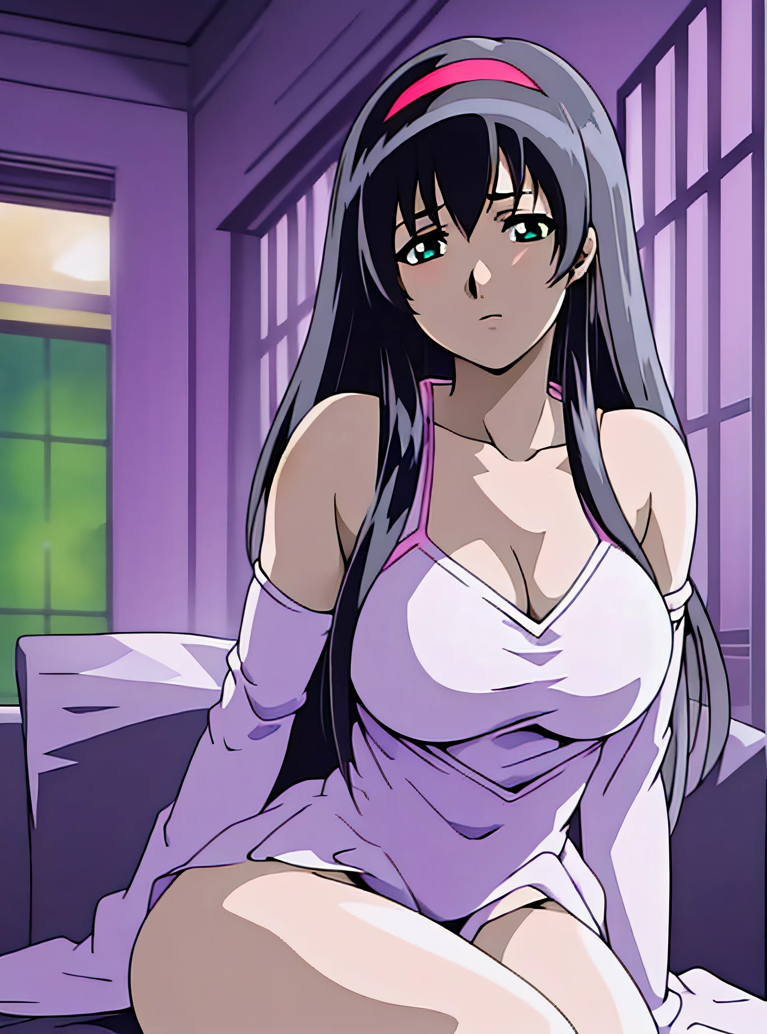 (Night: 1.7), Cyberpunk_CityView, Before Window, Sitting with care, sitting on the sofa, pink_white_short skirt, pink_white_shirt, red_hairband,Black hair, Long hair, Green eyes, Side hair, Straight, V bang, 1 girl, 20 years old, young woman, beautiful fingers, beautiful long legs, beautiful body, beautiful nose, Beautiful character design, perfect eyes, perfect face, look at the viewer, (innocent_big_eyes:1.0), (expressionless:1.3), NSFW, official art, highly detailed CG Unity 8k wallpaper, perfect lighting, colorful, Bright_Front_face_Lighting, (masterpiece: 1.0), (best quality: 1.0), Ultra High Resolution, 4K, Ultra Detail, Photo, 8K, HDR, Hi-Res, Absurdity: 1.2, Kodak portra 400, Film Grain, Blurry Background, Bokeh: 1.2, Lens Flare, (vibrant_color:1.2) (Beautiful, Large Breasts: 1.4), (Beautiful Face: 1.5), (Narrow Waist),