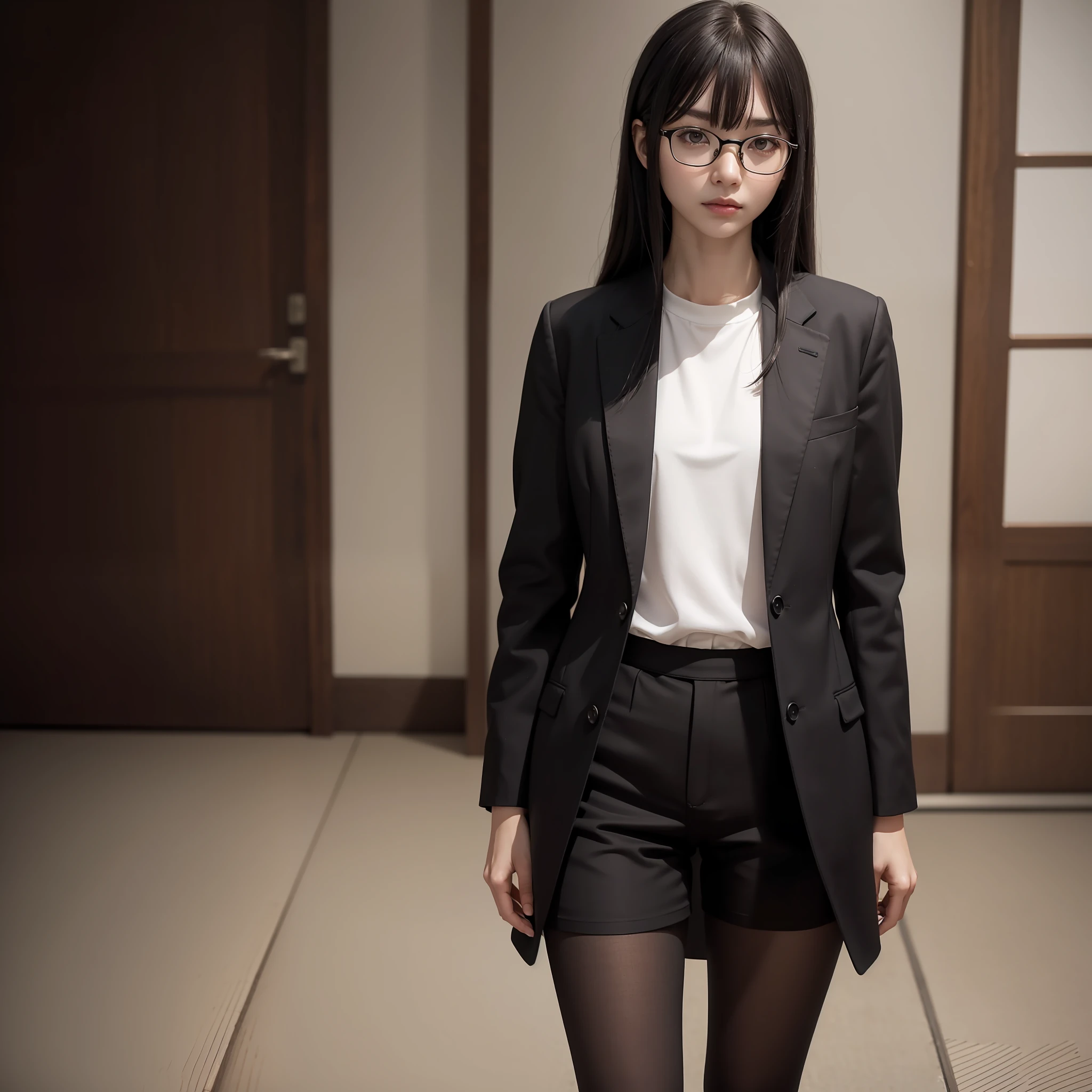 (Absolutely One Woman),(One Girl),Alone,Solo,Standing,Knee Spread,Raw Photo, Candid, Narrow Eyes,Full Body,Black Pantyhose,Textured Skin,,OL,Suit,Bangs About Eyebrows,(Shotcut),Looking Viewer,Raw Photo,Pale Skin, Japan People, Glasses, Small, Young, Tall, Dark Expression, Bright Black Eyes, Anger, Slender Body, Medium Build, Small Waist , Wide Thighs, Photorealistic, Best Quality, 8K, Masterpiece