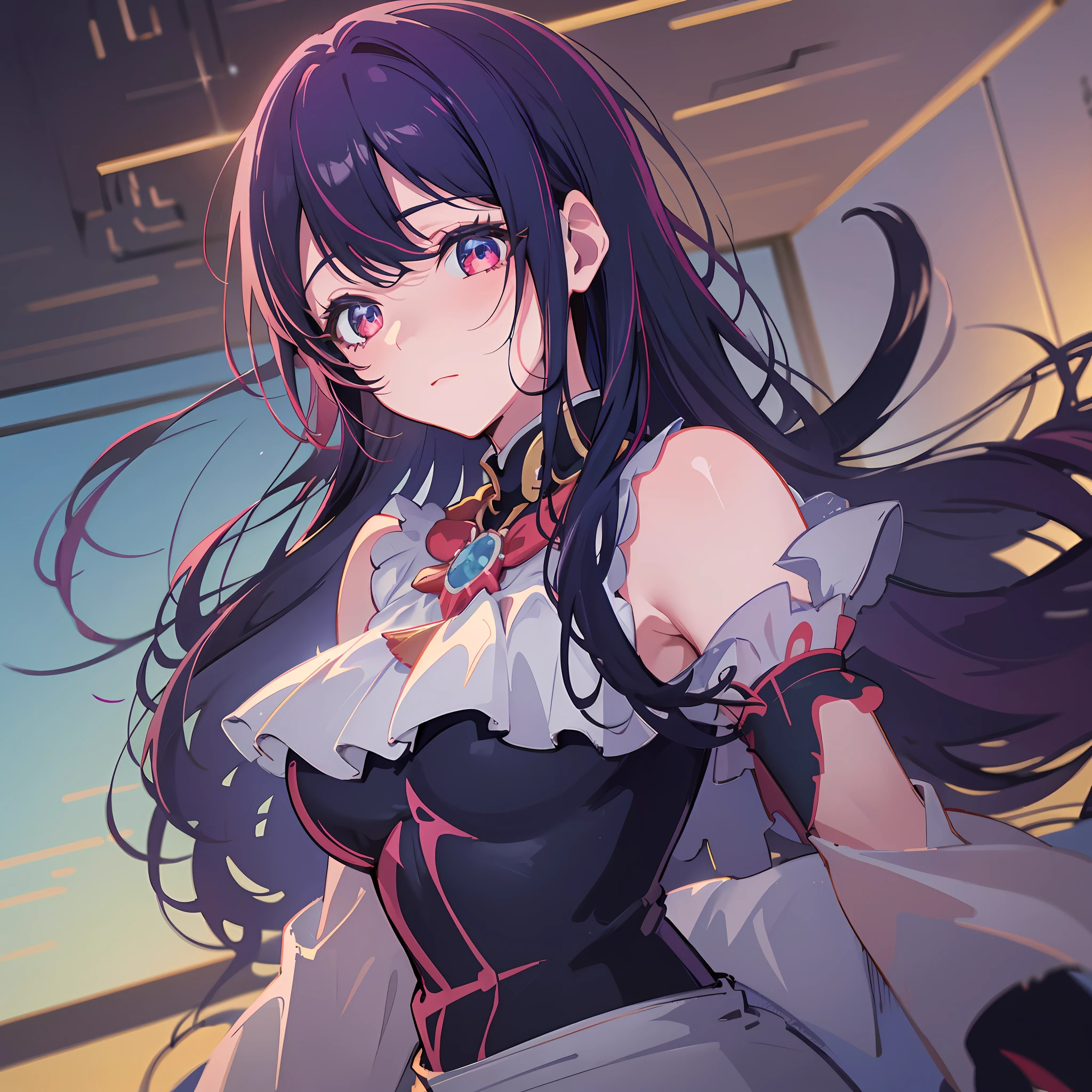 Beautiful CG artwork of Hoshino Ai, my favorite idol. The image is of the highest quality, using dynamic angles and poses to capture her beauty and charisma. She is wearing a stunning outfit, and the scene is complemented by a mix of twilight and watercolor effects.