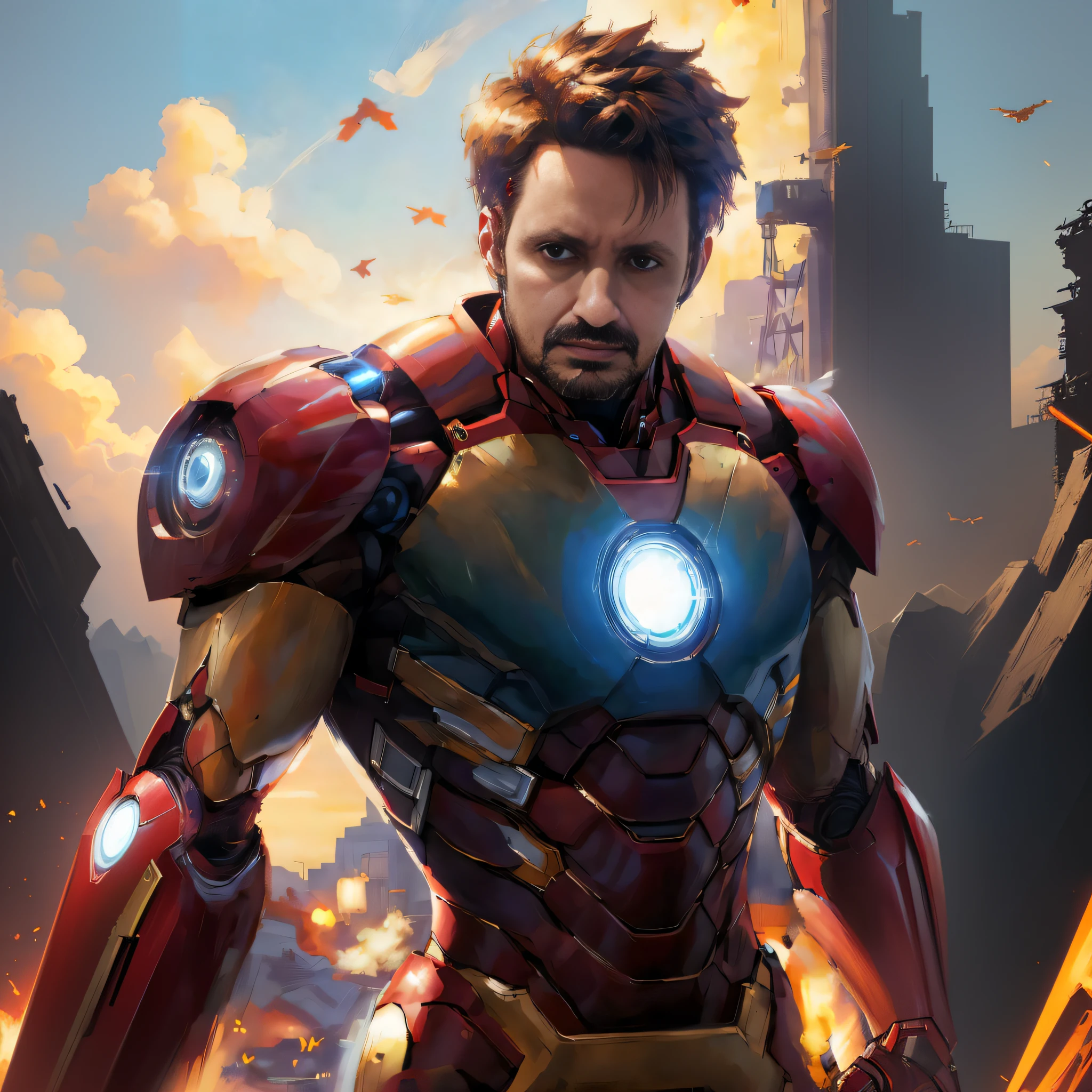 Complete the image with Iron Man costumes and in the background War Landscape