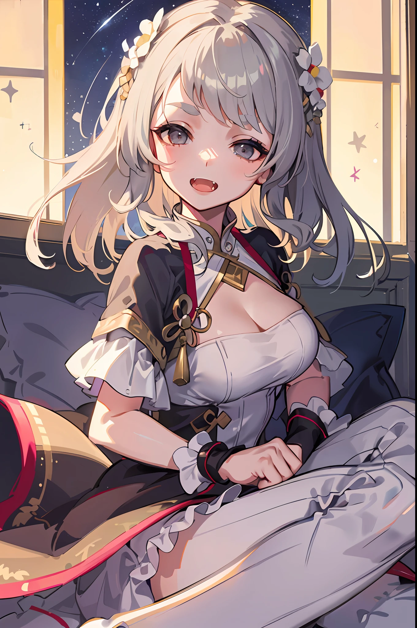 Original character, natural volumetric lighting and best shadows, deep depth of field, sharp focus, portrait of a stunningly beautiful petite girl, soft delicate and beautiful attractive face with attractive black eyes, adorable little breasts, sharp eyeliner (yawned and half-closed eyes: 1.05), cute fangs with open mouth, disheveled gray hair fluttering in the wind, thick layered medium hair, Dark cheek eyeshadow with eyelashes, parted lips, cute costume pajamas, (pillow: 1.1), (Lovely comforter bed with moon sitting, stars, and clouds: 1.2), (Loft bedroom under round window: 1.15), (top quality, great detail: 1.4), masterpiece, bloom, picturesque, vivid colorful painting.