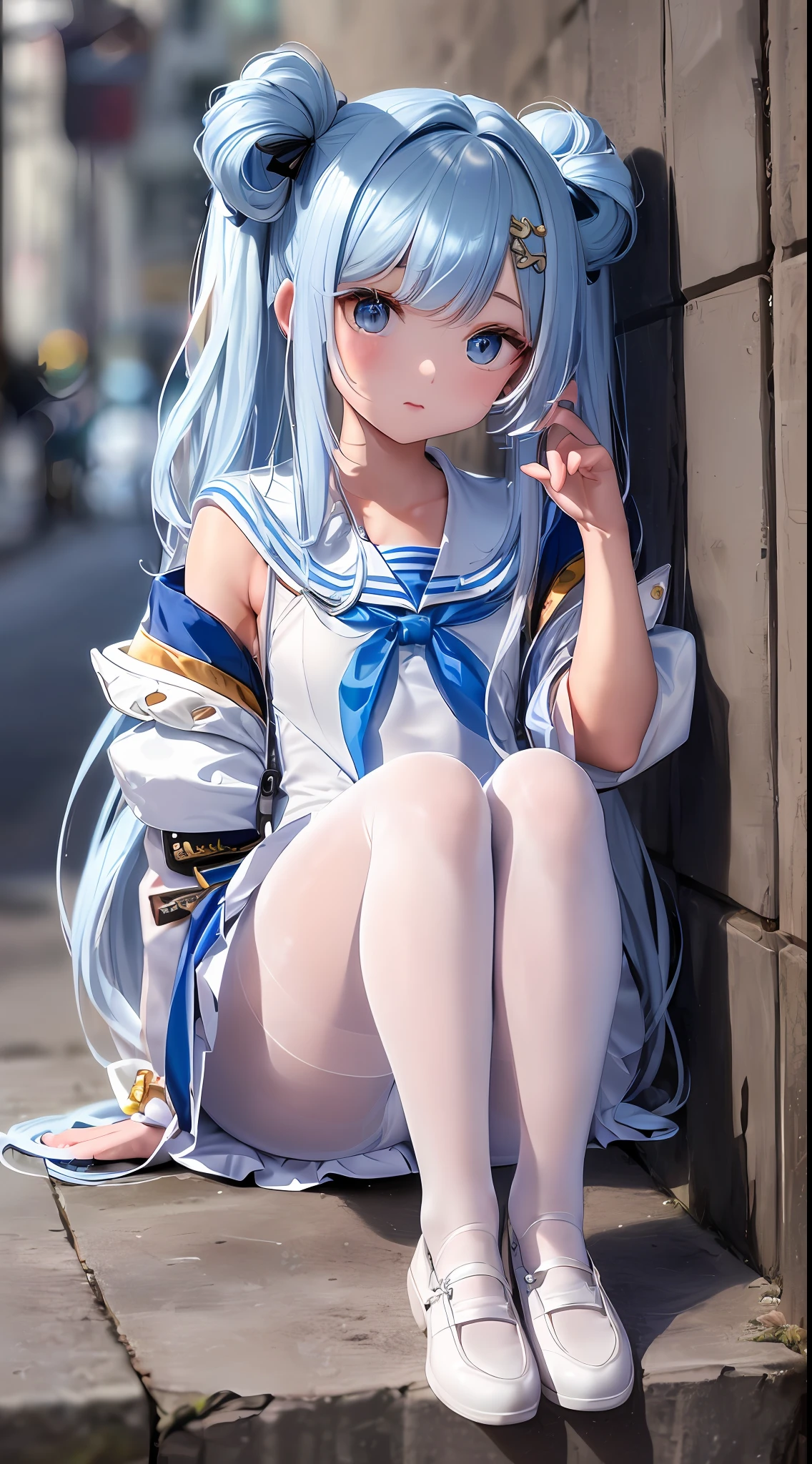 Masterpiece level, highest quality, little li, white sailor suit, small leather shoes, double ponytail, seated, full body, ((cute), sexy, long blue hair, large, ultra-see-through, (thighband pantyhose, white pantyhose: 1.3), miniskirt, (textured skin, anatomically correct, masterpiece, UHD, ccurate, high details, super detail, high quality, best quality, highres, 1080P)),outdoors,(,Skin Radiance,Skin Quality:1.6)(14 (Loli), (Fair Skin, (Beautiful Girl: 1.5), (Skin Quality: 1.5), ( Glossy Skin: 1.3), (Beautiful Girl), (Superb Body), Short Hair, (Straight Hair), (Blue Hair), Hair with Beautiful Details, Soft Light, (Bokeh), Depth of Field