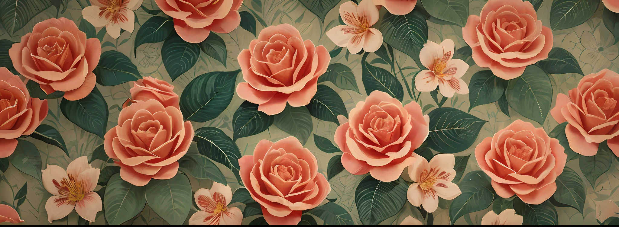 A close-up of a printed fabric Colombian roses bloomed, 70's, vintage! 5 colors image, flat illustration, size 16:9, spring flower patterns with leaves, white background, textile design, repetitive pattern, textile print,