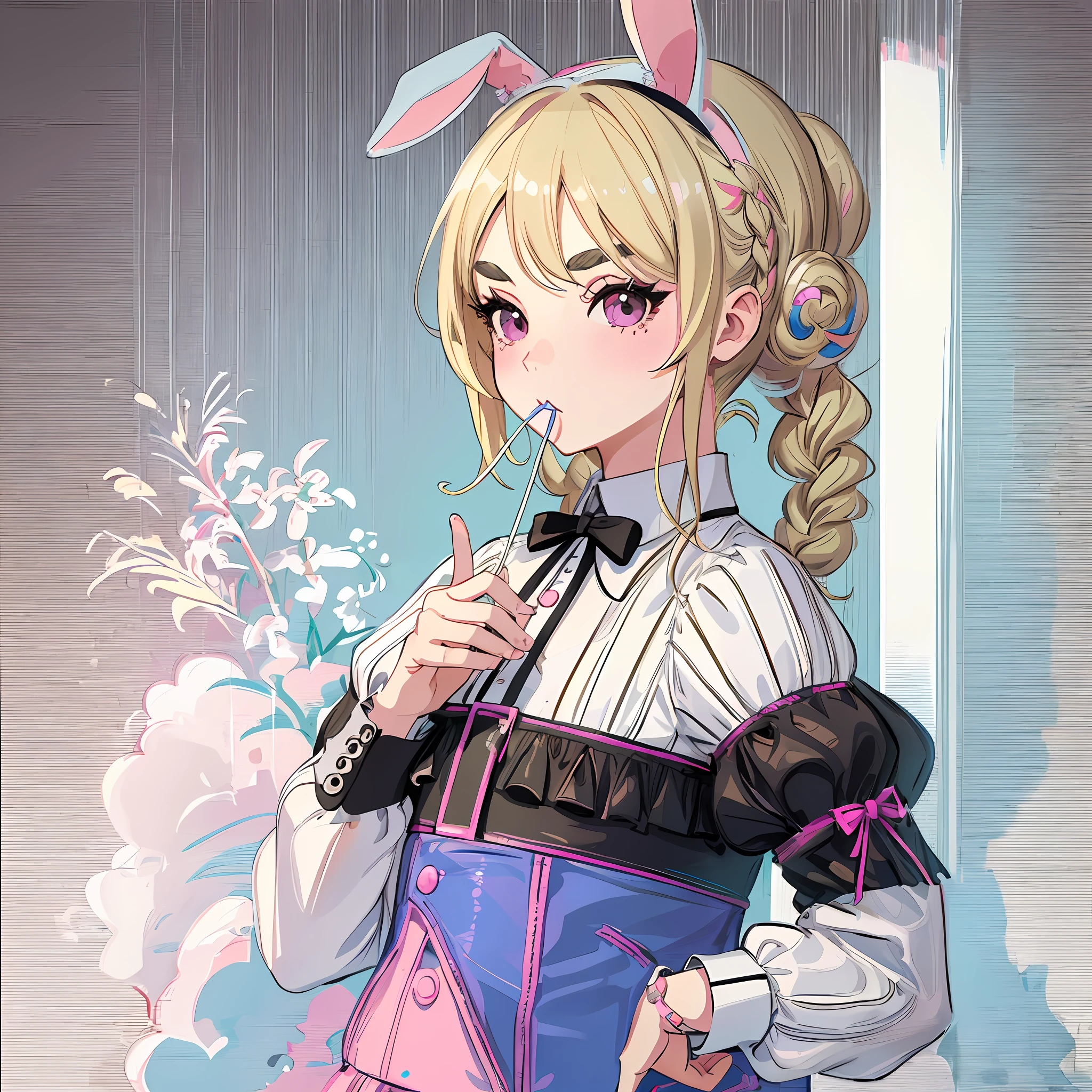 Andy Warhol, pacifier, small, female brat, thick eyebrows, thin waist, pigtails, beautiful blonde, braid, rabbit ears, (masterpiece), ((highest quality)), (super detailed), girl, clean and detailed face, five fingers, textile shading, perfect human body structure, perfect anatomy,