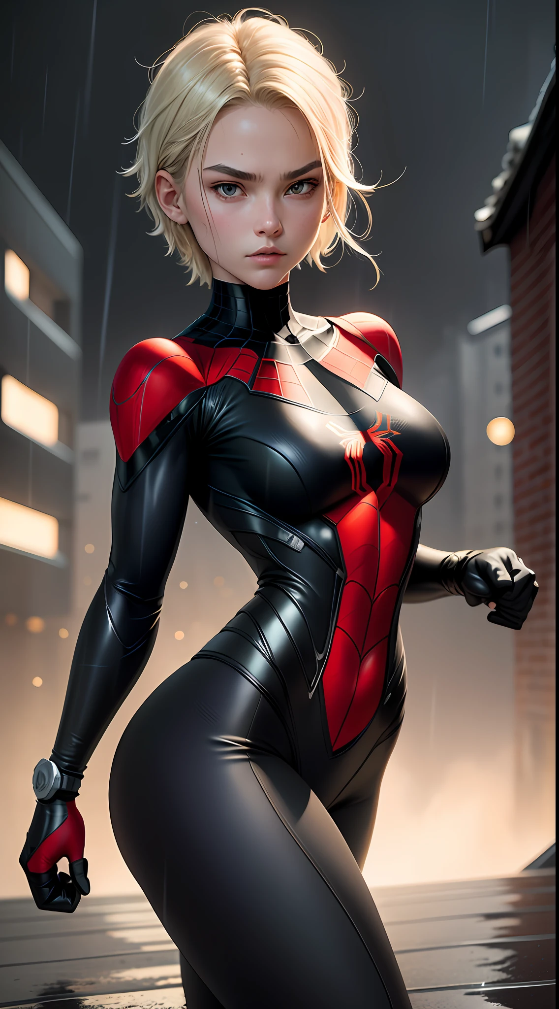18 year old girl, upper body, close-up, black Spider-Man suit, black leggings, short hair, blonde hair, beautiful face, fighting stance, rain, roof, masterpiece, exquisite details, perfect anatomy