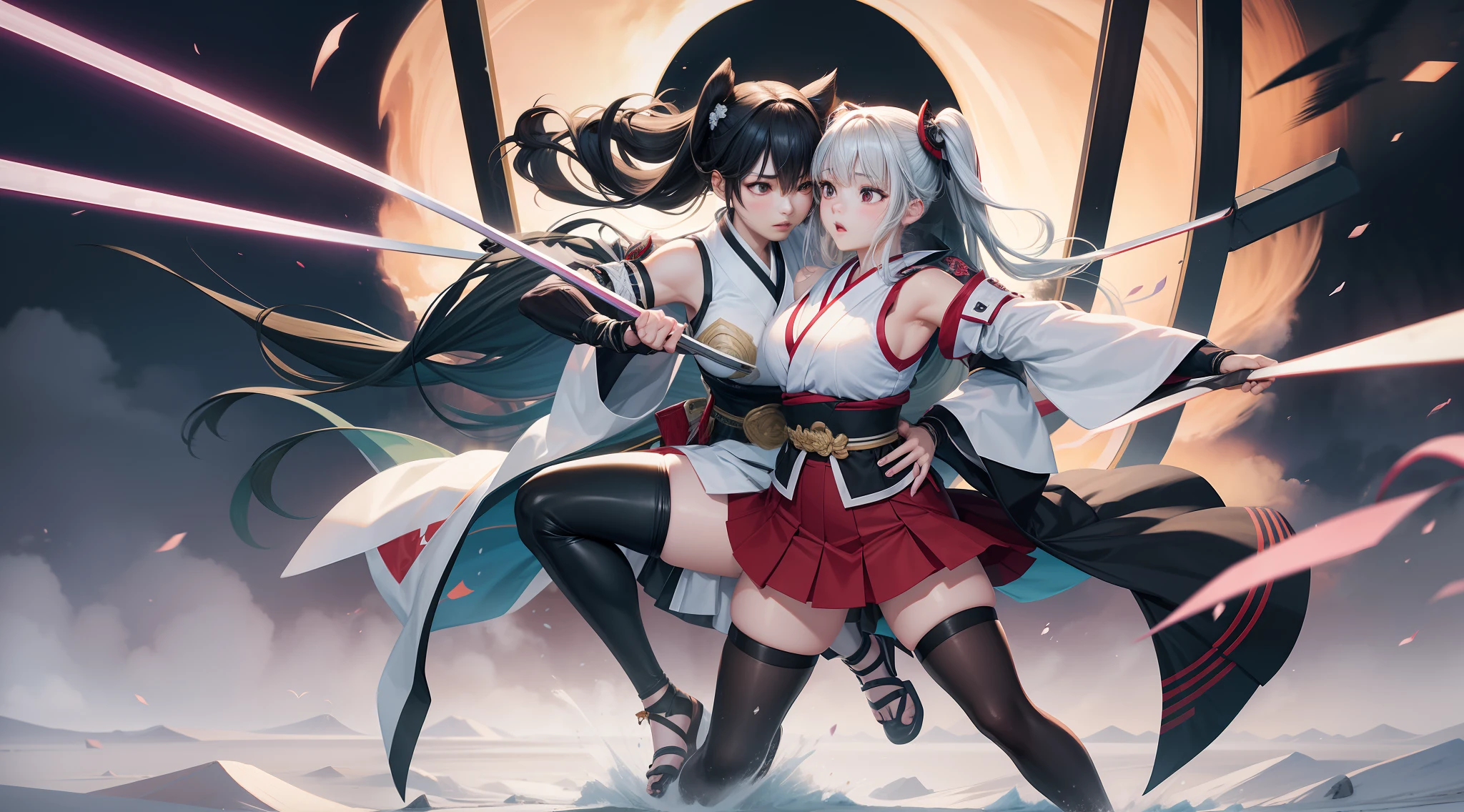 Full body shot from head to feet, two adult female character from Dead or Alive. A thrilling and intense masterpiece depicting a deadly duel between Kokoro versus Hitomi, both expert swordswomen, with the fight reaching a climactic moment of truth. The dynamic action capture the moment as Hitomi takes a lethal blow and succumbs to her injuries, leaving Kokoro as the sole victor in this high-stakes battle. Kokoro have long loose hair. Hitomi have long loose hair. Kokoro wear traditional sleeveless kimono, obi tied on the back hip, black long gloves, medium skirt, and black thigh highs. Hitomi wear traditional sleeveless kimono, obi tied on the back hip, black long gloves, medium skirt, and black thigh highs. Background set on lush forest, with no effect.