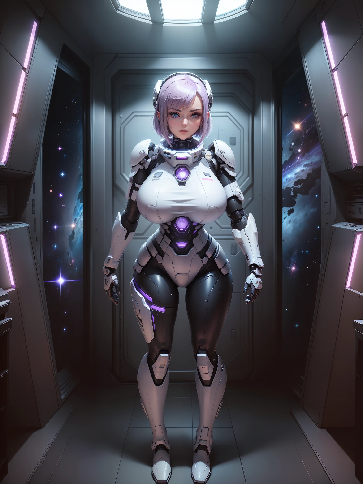 (full body photo:1.5), (one/woman/mechanical:1.5), (extremely large breasts:1.5), (all mechanical body:1.5), (with bionic armor:1.5), white with black gears, (she is inside a spaceship near the window seeing outer space:1.5), (she has very short purple straight hair:1.3), (blue eyes:1.3), (moaning:1.5), (blush:1.5), (doing sexual/standing pose/for the viewer:1.5), (anime style, Anime, 16k, high quality, textured leather, UHD, award-winning)