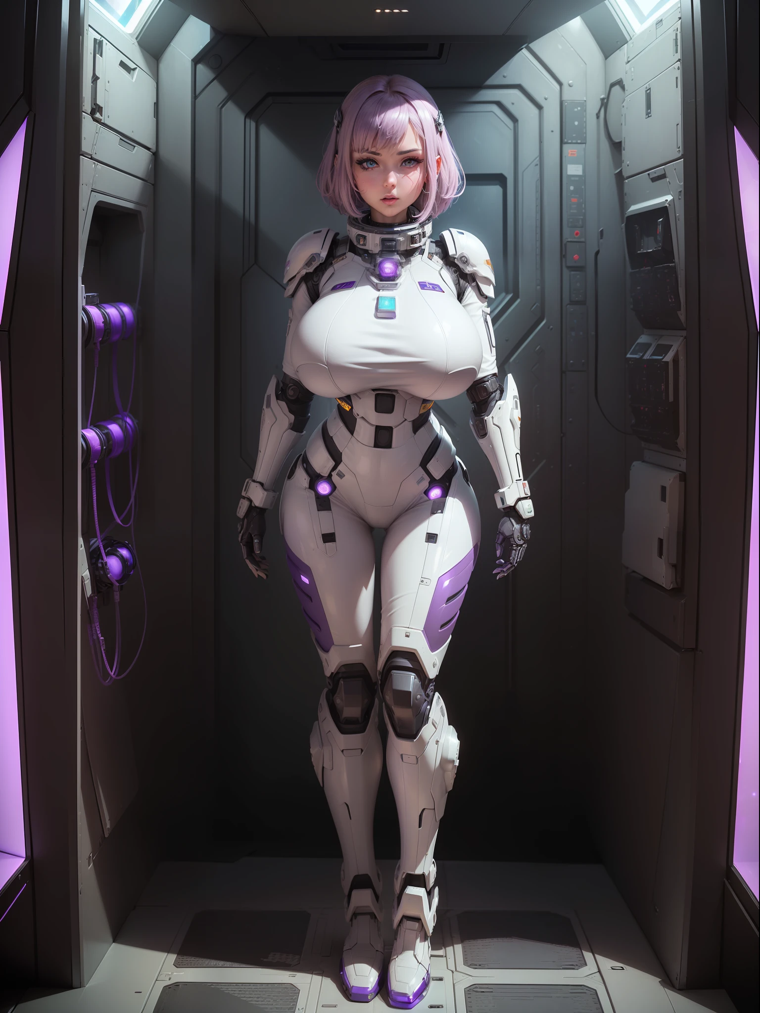 (full body photo:1.5), (one/woman/mechanical:1.5), (extremely large breasts:1.5), (all mechanical body:1.5), (with bionic armor:1.5), white with black gears, (she is inside a spaceship near the window seeing outer space:1.5), (she has very short purple straight hair:1.3), (blue eyes:1.3), (moaning:1.5), (blush:1.5), (doing sexual/standing pose/for the viewer:1.5), (anime style, Anime, 16k, high quality, textured leather, UHD, award-winning)