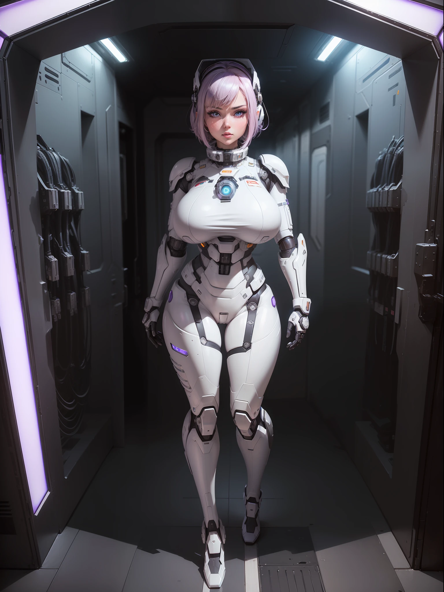 (full body photo:1.5), (one/woman/mechanical:1.5), (extremely large breasts:1.5), (all mechanical body:1.5), (with bionic armor:1.5), white with black gears, (she is inside a spaceship near the window seeing outer space:1.5), (she has very short purple straight hair:1.3), (blue eyes:1.3), (moaning:1.5), (blush:1.5), (doing sexual/standing pose/for the viewer:1.5), (anime style, Anime, 16k, high quality, textured leather, UHD, award-winning)