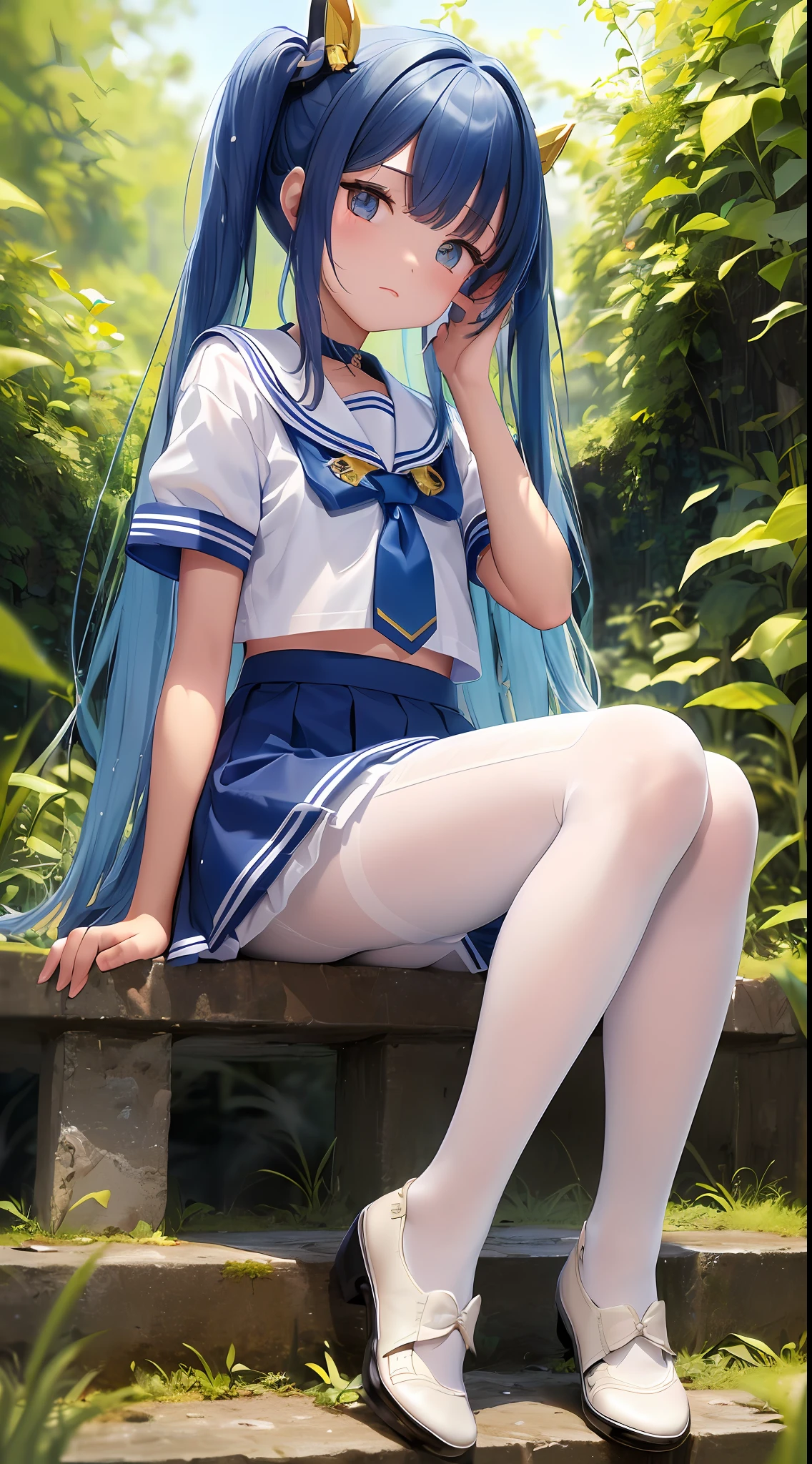 Masterpiece level, highest quality, little , white sailor suit, small leather shoes, double ponytail, seated, full body, ((cute), sexyong blue hair, large, ultra-see-through, (thighband pantyhohite pantyhose: 1miniskirt, (textured skin, anatomically correct, masterpiece, UHD, ccurate, high details, super detail, high quality, best quality, highres, 1080P)),outdoors,(,Skin Radiance,Skin Quality:1.6)(14 years old), (LSkin, (Beautifull: 1.5), (Skin Quality: 1.5), ( Glossy Skin: 1.3), (Beautiful Girl), (Superb Body), Short Hair, (Straight Hair), (Blue Hair)), Hair with Beautiful Details, [Blur]