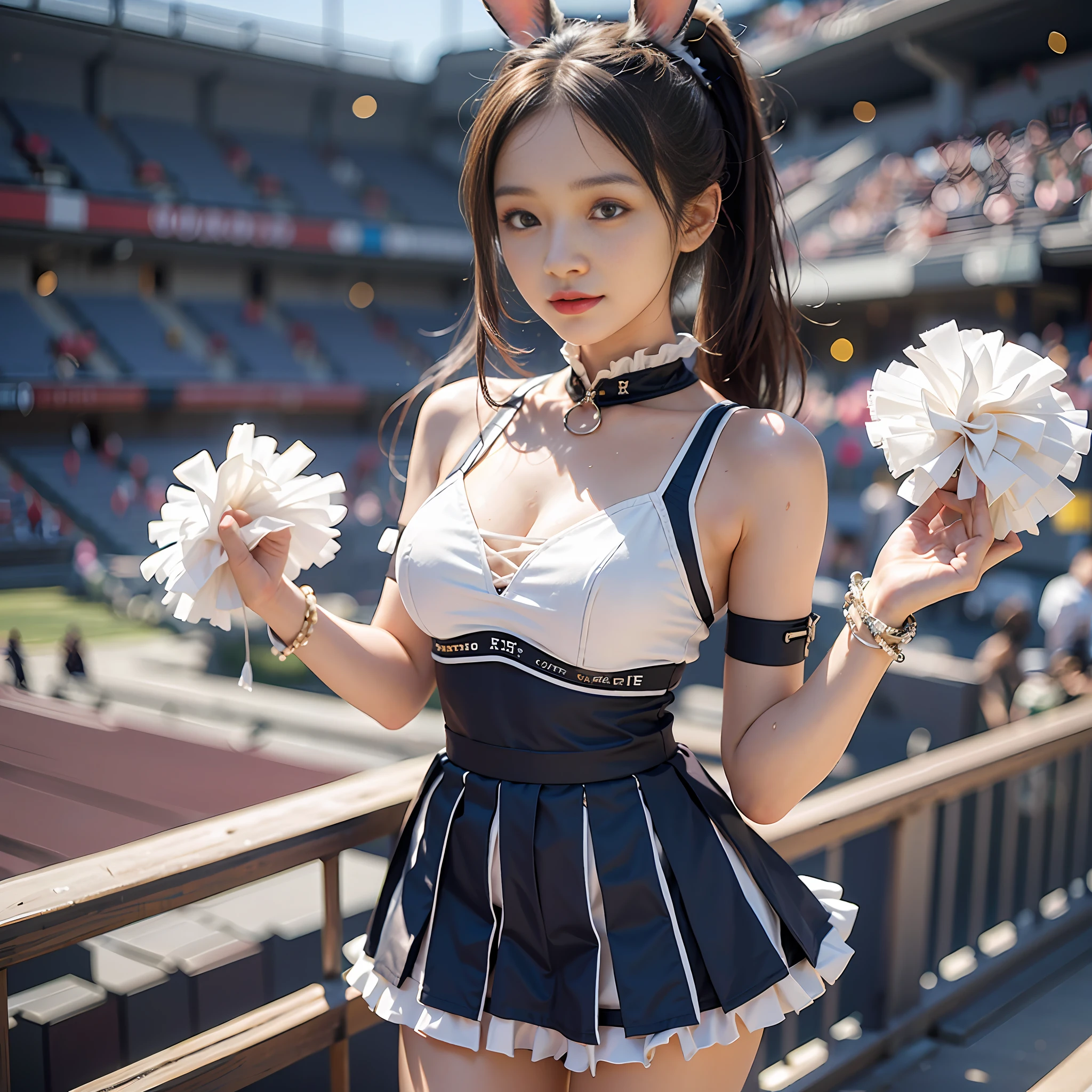 (4K, High Definition, Masterpiece: 1.2, Best Quality), Cheerleader, 20 Year Old Lovely Japan Woman, Looking Ahead,Smaller Face, Detailed Hands, Detailed Fingers, Detailed Feet, Detailed Hips, Detailed Thighs, Middle Breasts, Middle Hip, Smile, Head: 1.3, Sharp Focus, Night, Stadium, Artificial Light, Lighting, Dynamic Angle , (Very detailed face: 1.2): 0.2, woW sweat, side ponytail, rabbit ears, standing, ruffled mini skirt Boobs
