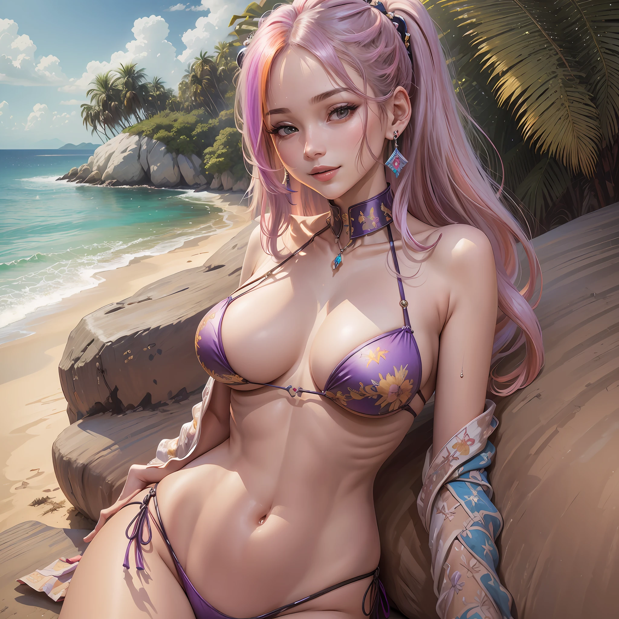 (Masterpiece: 1.5), (Best Quality: 1.5), High Resolution, High Detail, 1 Girl, Solo, Skin Highlight, Sharpen, Clear, straight hair, ponytail, multicolored hair, Jewelry, bracelet, earrings, cowboy shot, pale skin, smile, beach, micro bikini