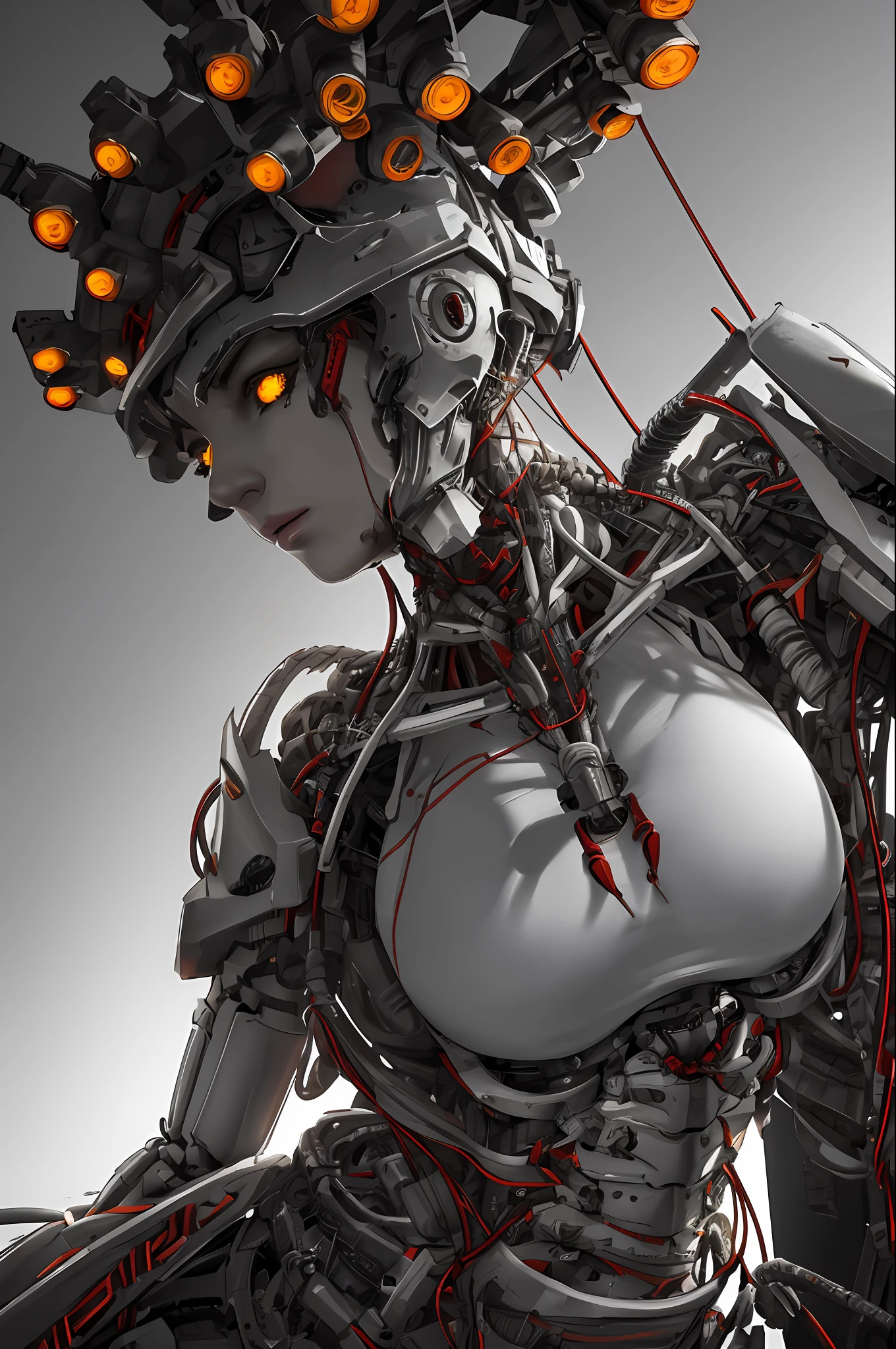 1 mechanical girl, ((super realistic details)), super sexy, big breasts, global illumination, shadows, octane rendering, 8k, super sharp, metallic, complex, ornament detailed, cool color, Egyptian details, highly complex details, realistic light, CGsociety trend, glowing eyes, facing camera, neon details, mechanical limbs, blood vessels attached to tubes, mechanical vertebrae attached to the back, mechanical cervical vertebrae attached to the neck, sitting, wires and cables attached to the head