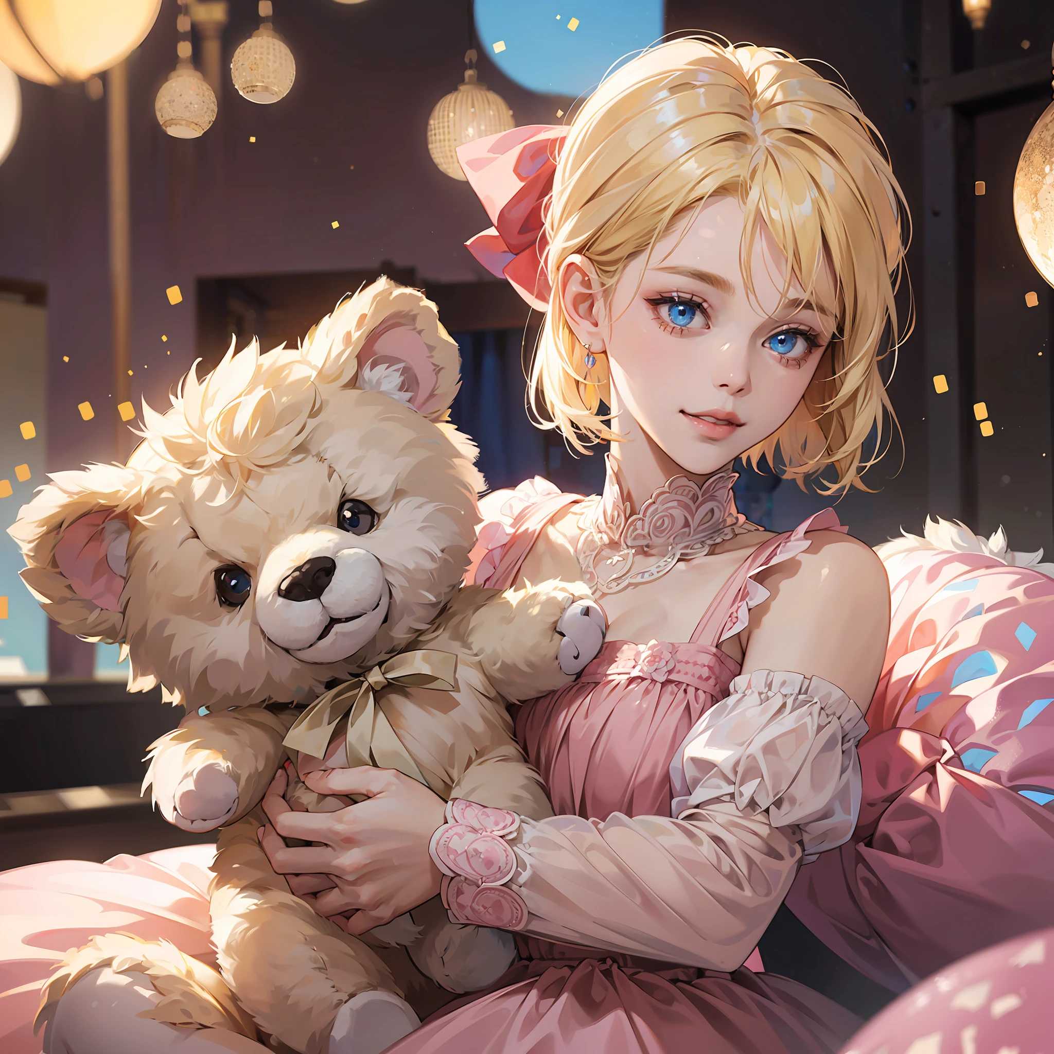 A blonde girl blue eyes (haircut sidecut), holding a teddy bear, bronco background, perfect teeth, in a pink silk dress, happy, perfect quality, clear focus (mess-house: 0.8), (masterpiece: 1.2) (Realistic: 1.2) (Bokeh) (Best quality) (Detailed Skin: 1.3) (Intricate Details) (8K) (Detail Eyes) (Sharp Focus), (Happy) --auto --s2