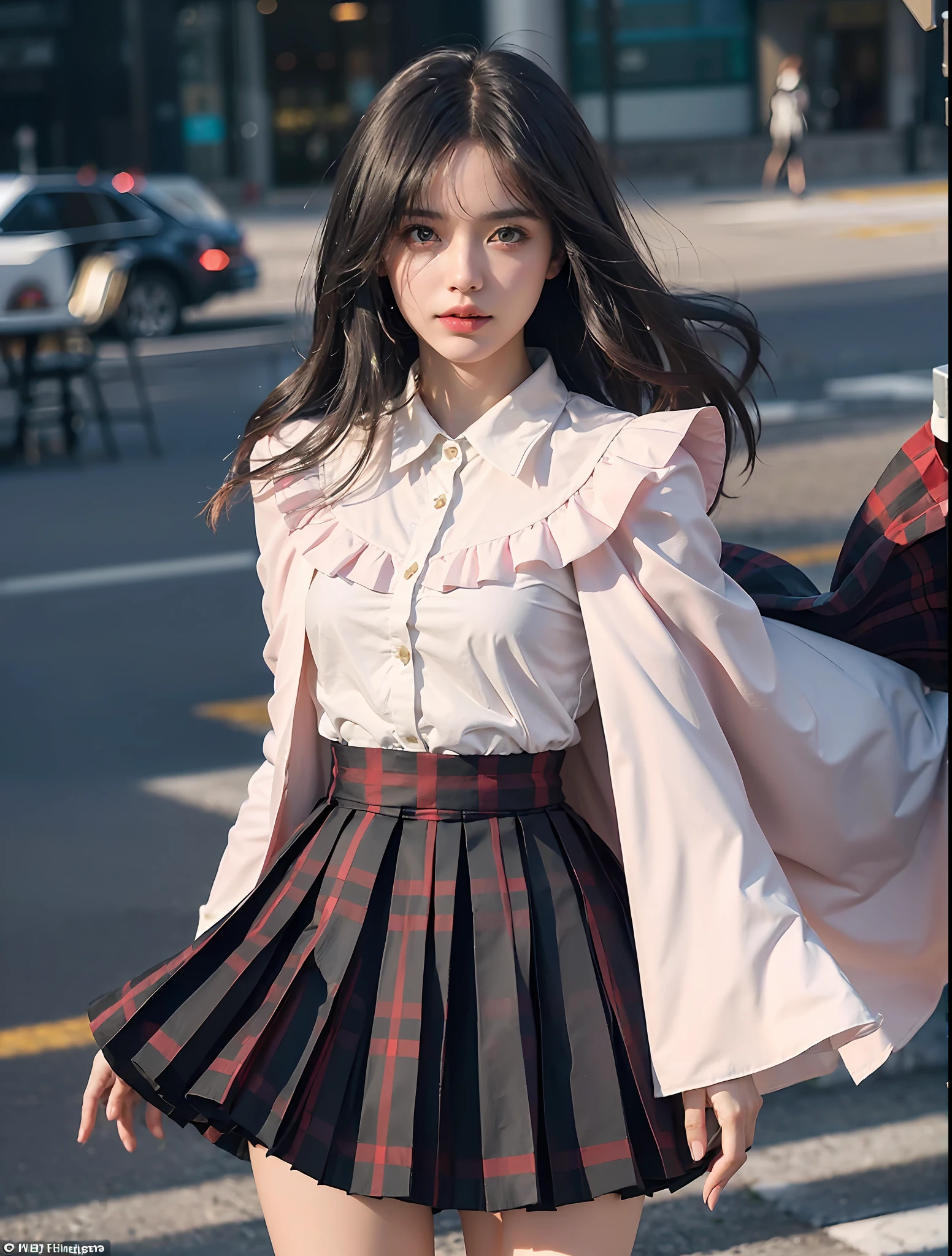 (details of white and gold accents in body costumes: 1.05), (negative space: 1.4), (full body), 1 girl, (((solo)), viewer watch, from above, masterpiece, highly detailed, (((cinematic lighting)), (sparkling), ((dramatic lighting)), (beautiful detailed glow)), stern look, blush, intricate details, lens flares, (black hair: 1.5), (short hair :1.2), (Ice Wings: 1.6), Floating Crystals, Light Particles, (Small: 1.5), (Red Eye: 1.3), (Pink Eyes: 0.4), (Night: 1.3), (Flower: 1.25), Glowing, Floating Glow, Floating Hair, (Forehead: 1.3), (Missb0Tez: 1.3), Ray Tracing, Diffraction Spikes, (Firefly: 1.2), Wisp, Thigh Band, Alice in Wonderland \ (Black theme (1.1), red cape, (((pleated skirt))), ruffled skirt, layered skirt, overskirt, (plaid skirt: 1.15), collared shirt, suit jacket, (white shirt: 1.4), red armor, (asymmetrical legwear)), floating cape, cape: 10 layers, (long coat, open jacket)), straight hair, ( streak hair: 1.3), hair above one eye, asymmetrical bangs, sweeping bangs, head tilt, (depth of field: 0.4), dynamic composition,