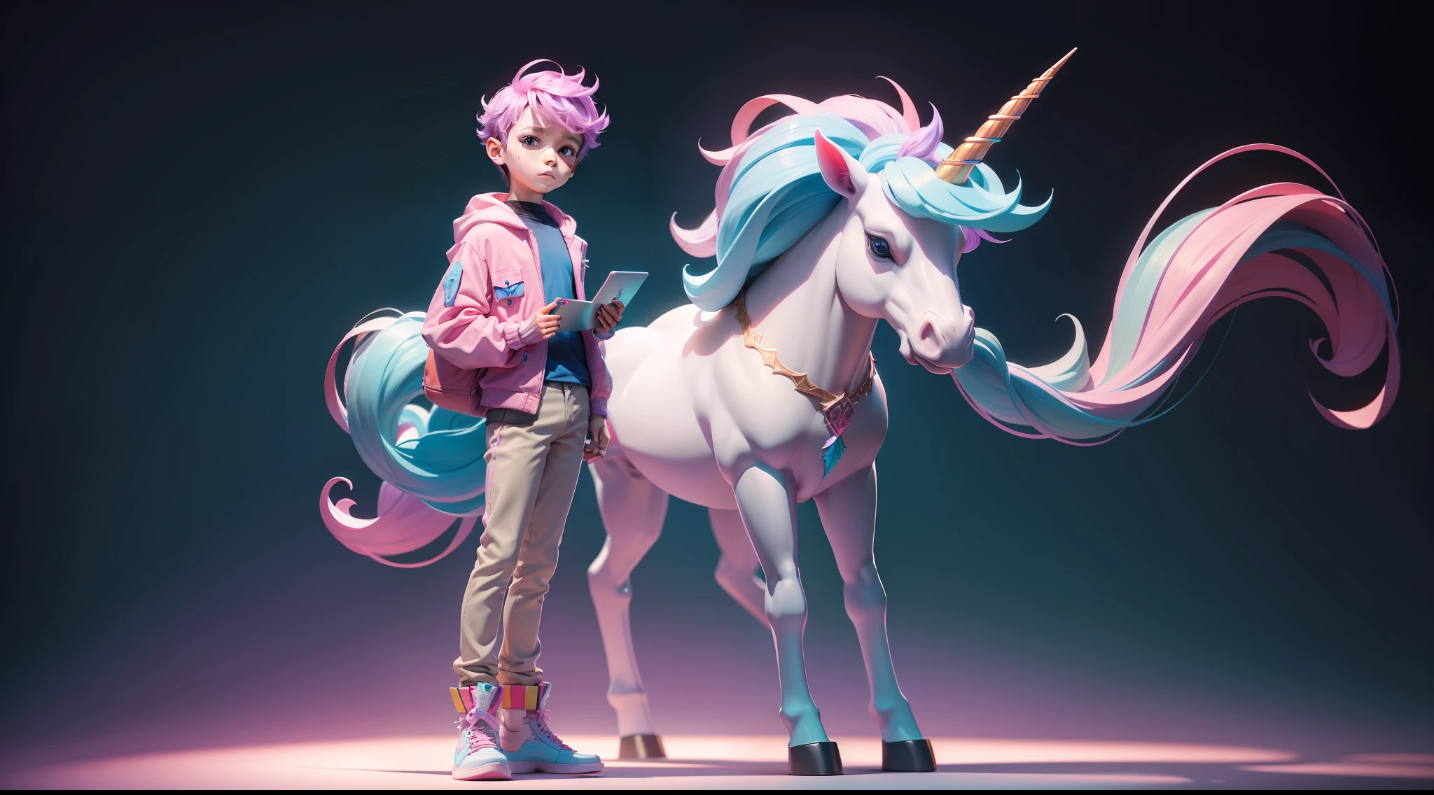 a boy with unicorn head, colorful, full body, masterpiece, 3dmm style, holding a macbook