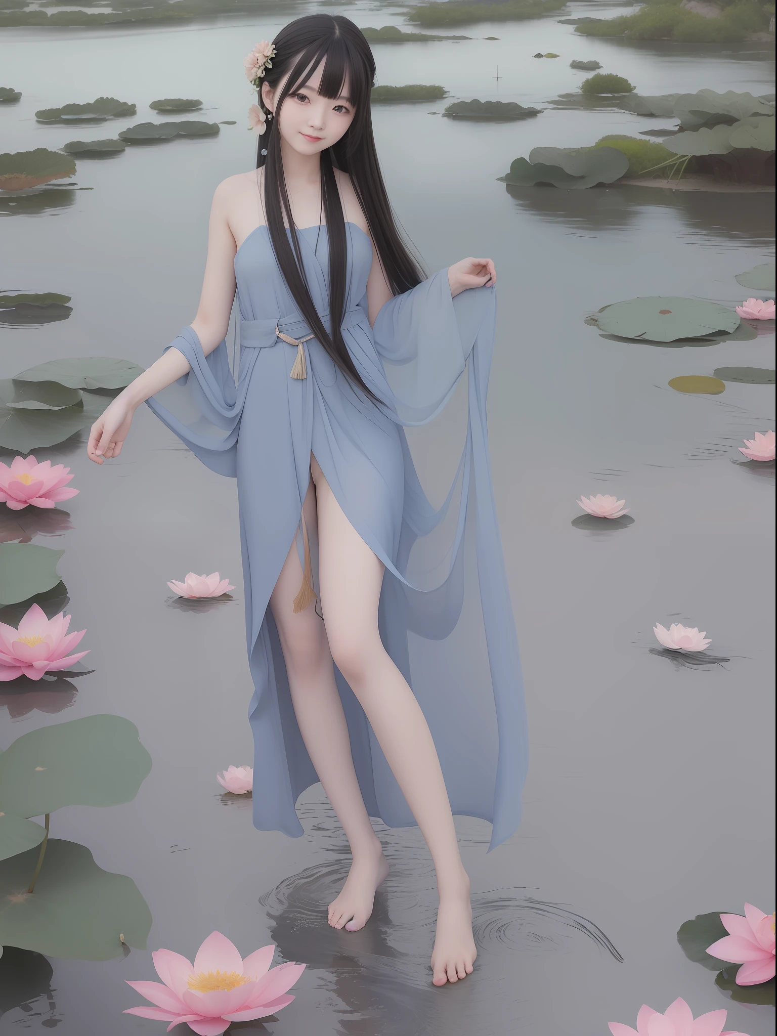 ((4k,masterpiece,best quality)), shuimobysim, traditional chinese ink painting, lotus,  hanfu, maxiskit, dress conservatively
1girl, solo, long blue hair, smile, standing, feet in the water, barefoot,