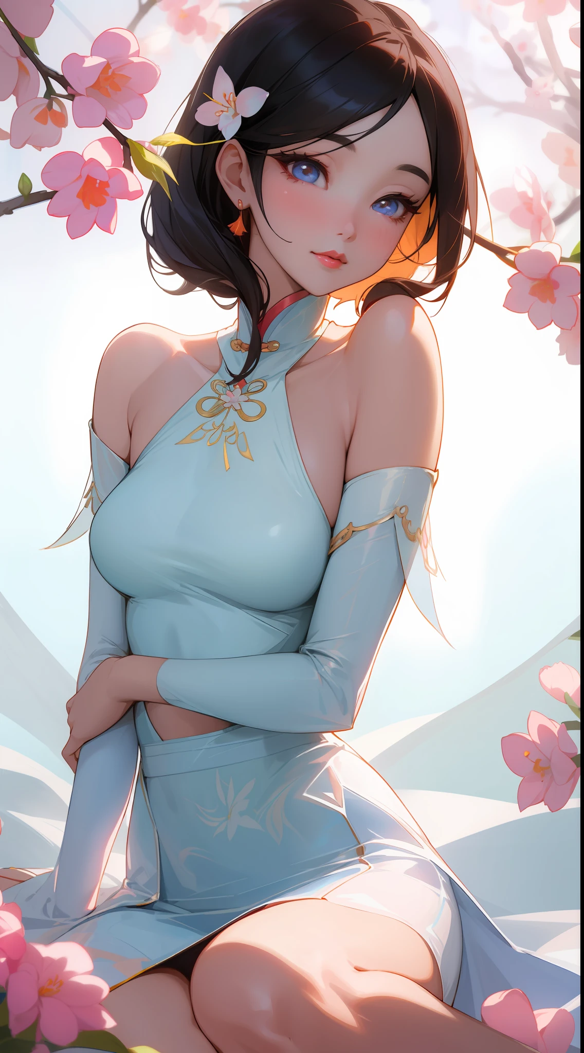 Fashion trendy beautiful and charming, gentle and charming Chinese lady, (jpop idlo), big breasts, delicate and sexy collarbone, charming oval face, double eyelids, smart peach blossom eyes, pink lips, small nose, bare shoulders, focus on the face, close-up of the face, Ultra-high-definition, super-detailed, full-body photo, ultra-thin and light-transmitting, the white off-the-shoulder shirt perfectly echoes the light blue slit skirt, fresh and good, and can be see through, sheer fabrics,