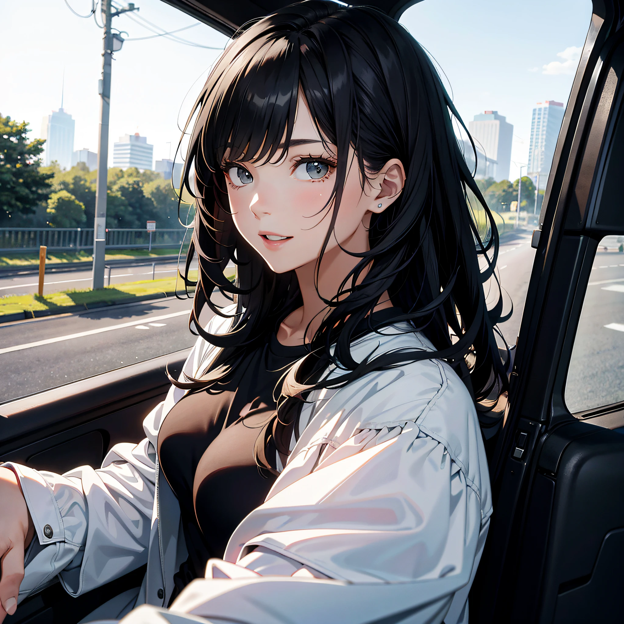 Absurd resolution, high resolution, (masterpiece: 1.4), hyper-detail, technician dressed as a black-haired young woman, very excited expression, sitting in the back of a jeep, driving on the highway