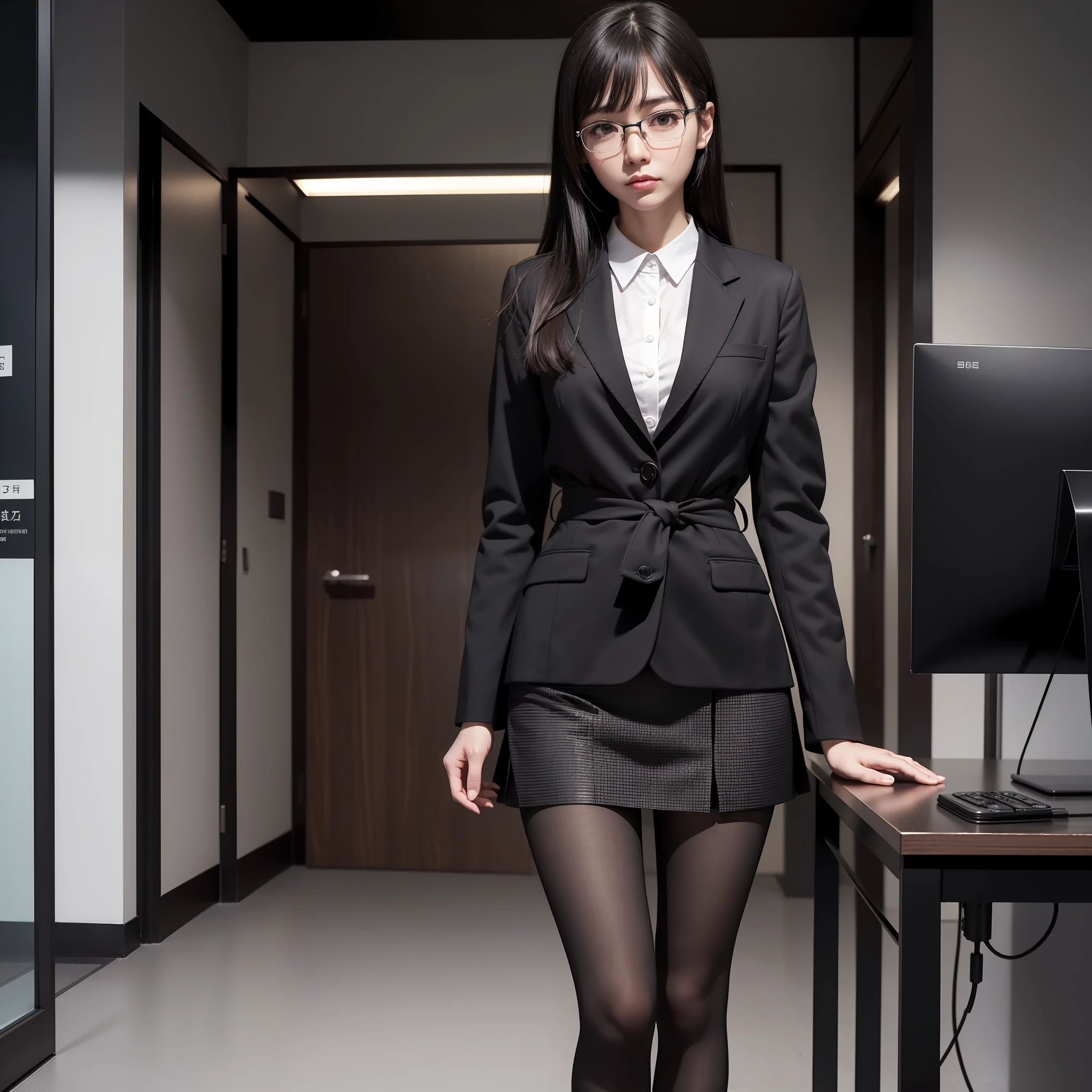 (Absolutely One Woman),(One Girl),Alone,Solo,Standing,Knees Spread,Raw Photo, Candid, Narrow Eyes,Full Body,Black Pantyhose,Textured Skin,,Office Lady,Suit,Skirt,Bangs About Eyebrows,(Shotcut),Looking Viewer,Raw Photo,Pale Skin,Japan People, Glasses, Small, Young, Tall, Dark Expression, Bright Black Eyes, Anger, Slender Body, Medium Build, Small waist, wide thighs, photorealistic, best quality, 8K, masterpiece