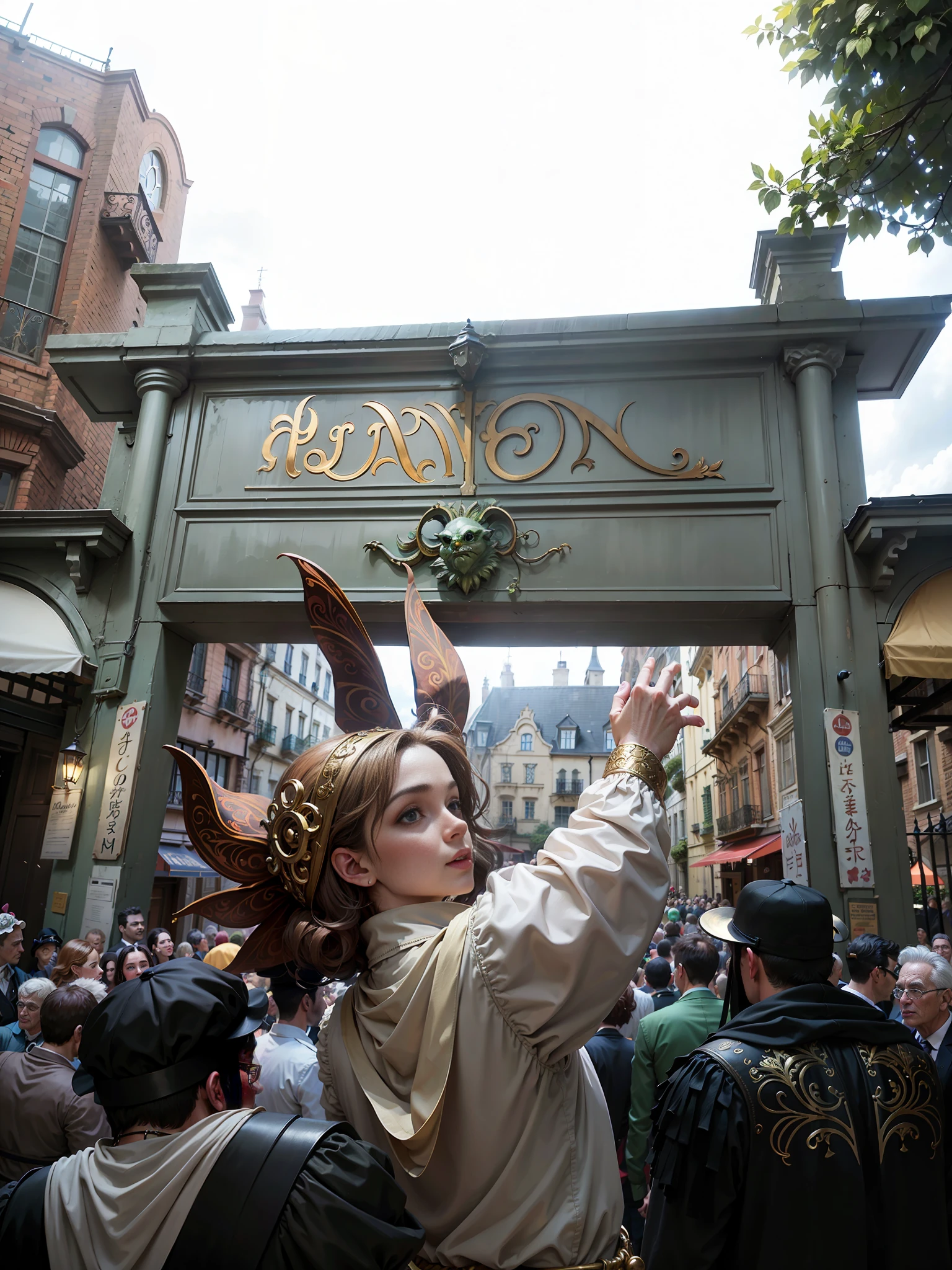 A fantasy street scene, the gate of the retro European Huamen, entangled with vine man, the crowd of European-style costumes enter the gate, behind the European-style architecture, fantasy fairy tale wind dark, dim sky, background paste, HD, 8K, realism, dark yellow light
