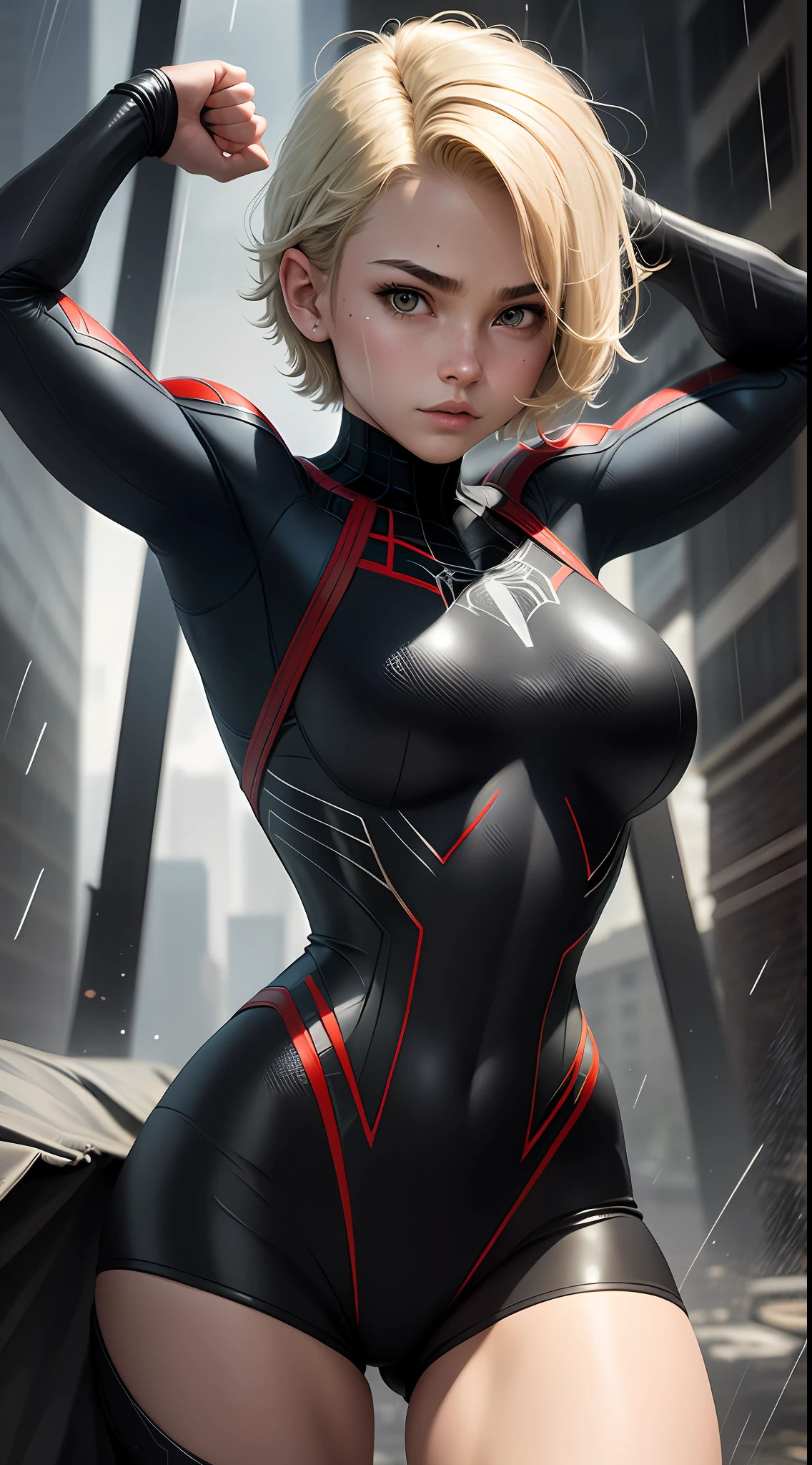 18-year-old girl, upper body, close-up, black Spider-Man suit, short hair, blonde hair, beautiful face, fighting stance, rain, roof, masterpiece, exquisite details, perfect anatomy