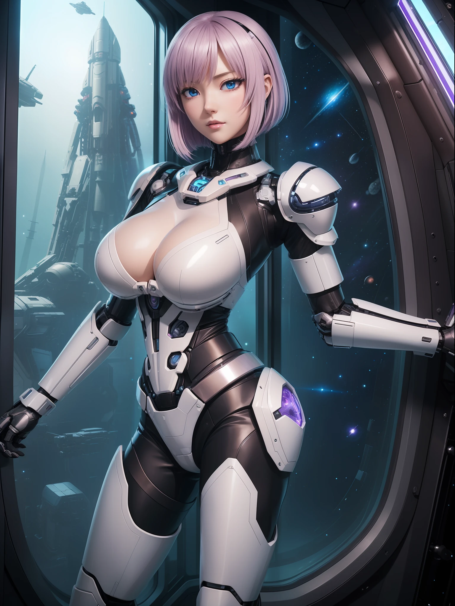 (full body photo:1.5), (one/woman/mechanical:1.5), (extremely large breasts:1.5), (all mechanical body:1.5), (with bionic armor:1.5), white with black gears, (she is inside a spaceship near the window seeing outer space:1.5), (she has very short purple straight hair:1.3), (blue eyes:1.3), (moaning:1.5), (blush:1.5), (doing sexual/standing pose/for the viewer:1.5), (Unreal Engine 5, 3D, anime style, Anime, 16k, high quality, textured leather, UHD, award-winning)